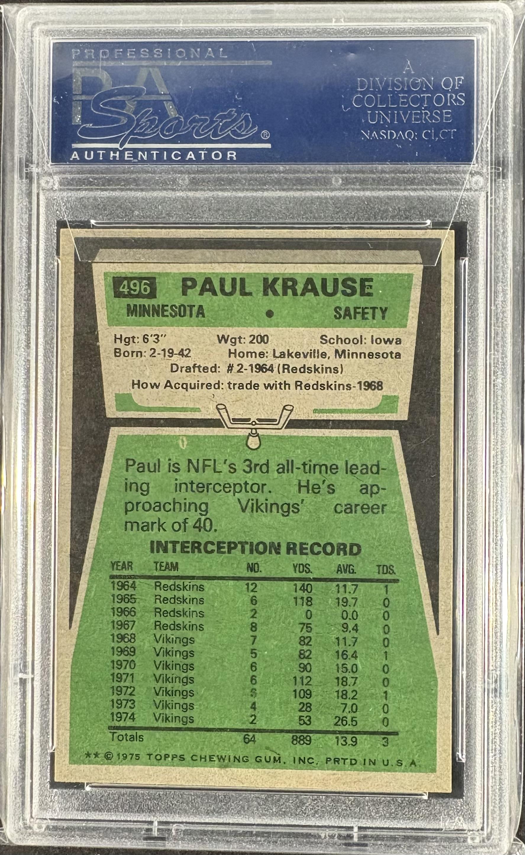1975 Topps #496 Paul Krause PSA 10 GEM MINT POP 17