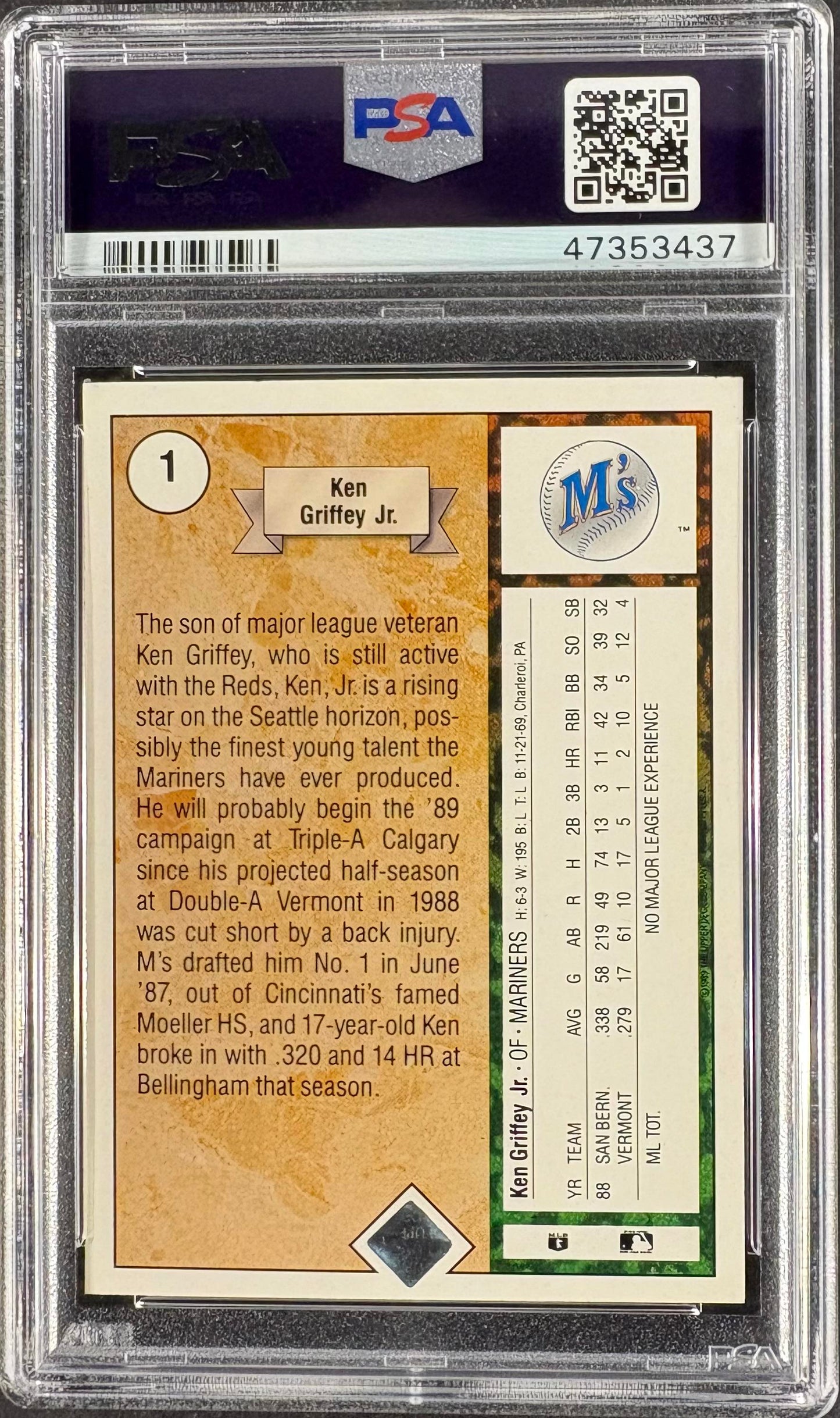 1989 Upper Deck #1 Ken Griffey Jr RC Rookie PSA 9 MINT New Label