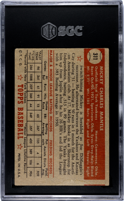 1952 Topps #311 Mickey Mantle SGC 1.5 Nice Color