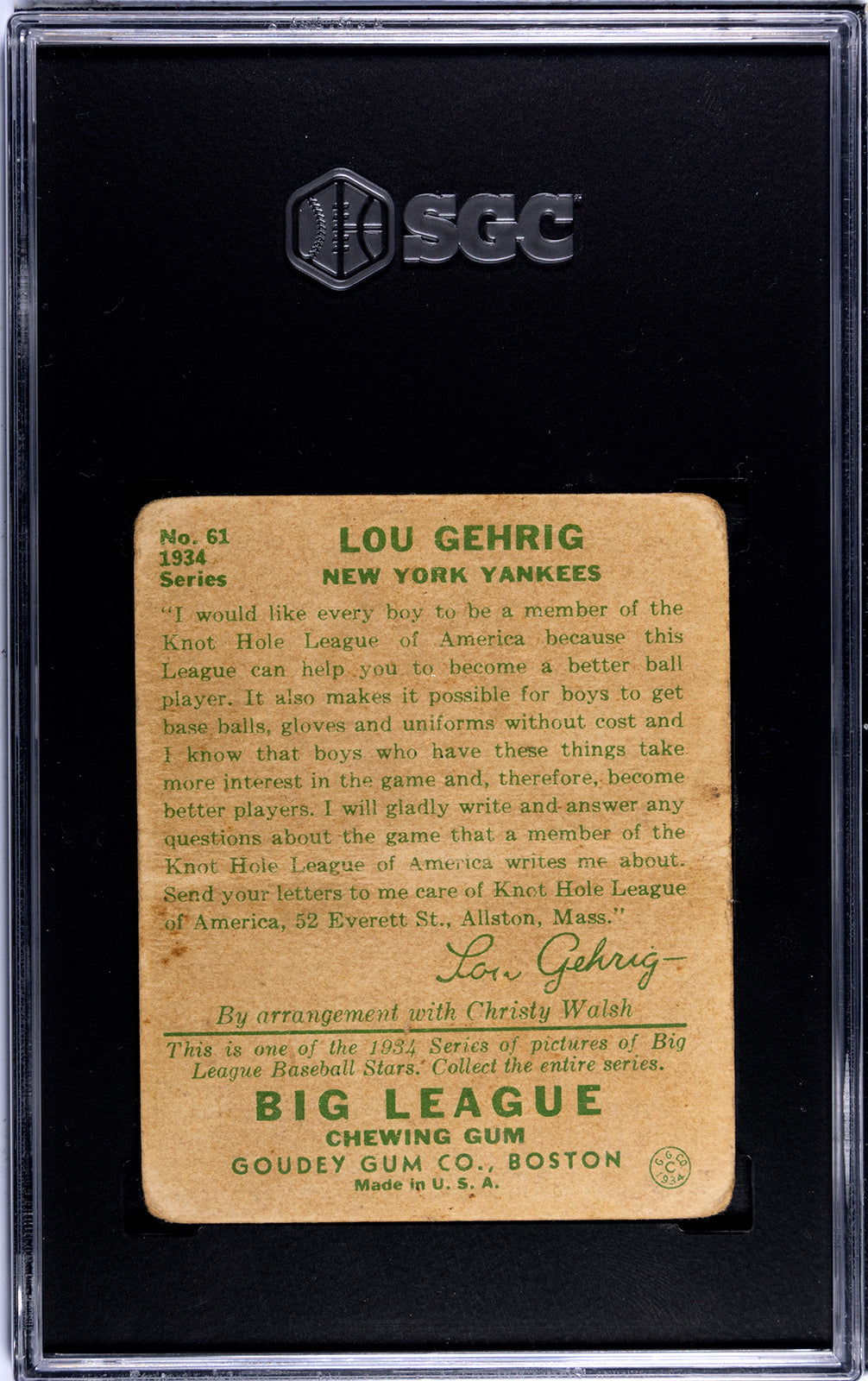 1934 Goudey (R320) #61 Lou Gehrig SGC 2 GD