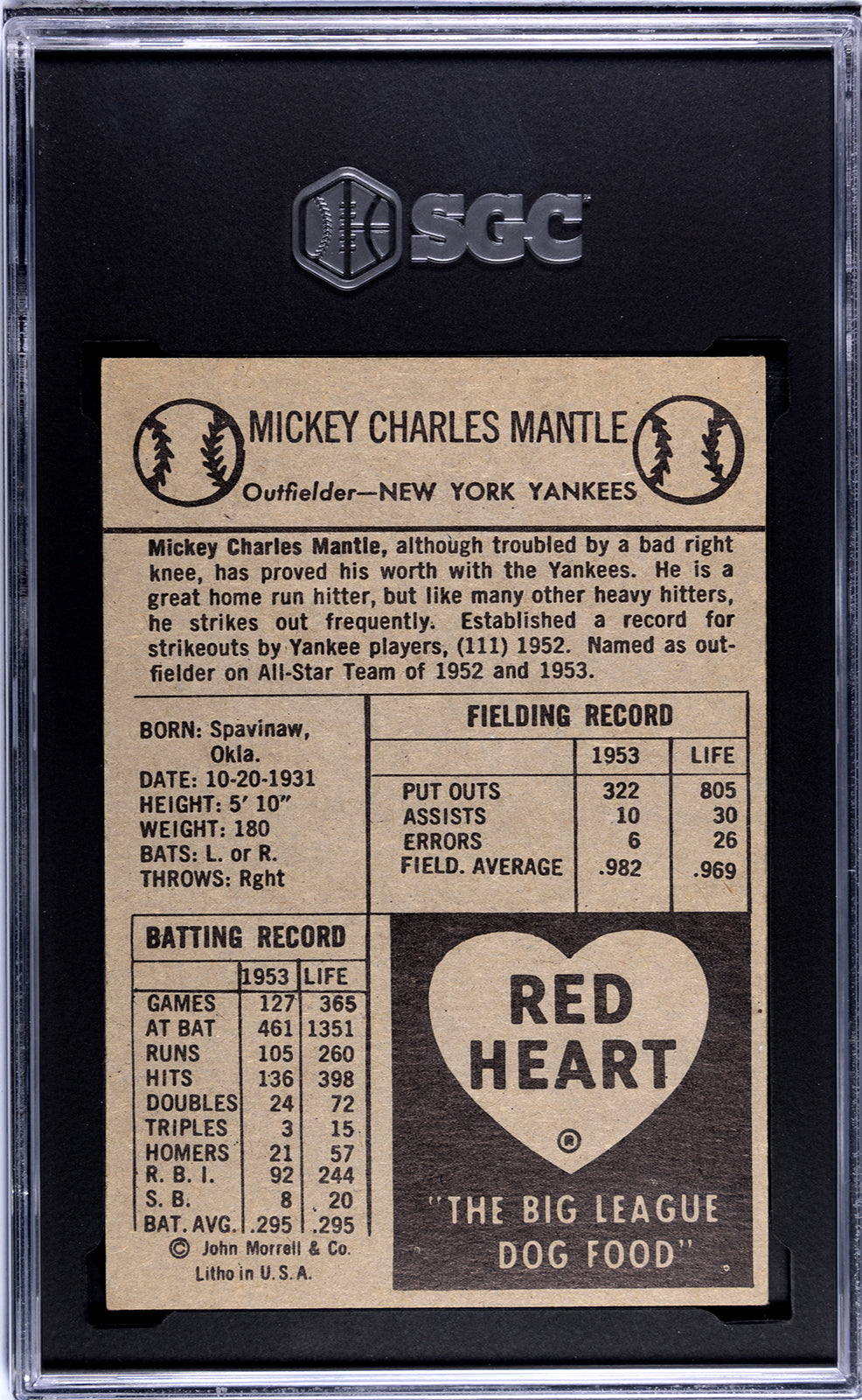 1954 Red Heart Dog Food Mickey Mantle SGC 7 NM Near Mint High Grade