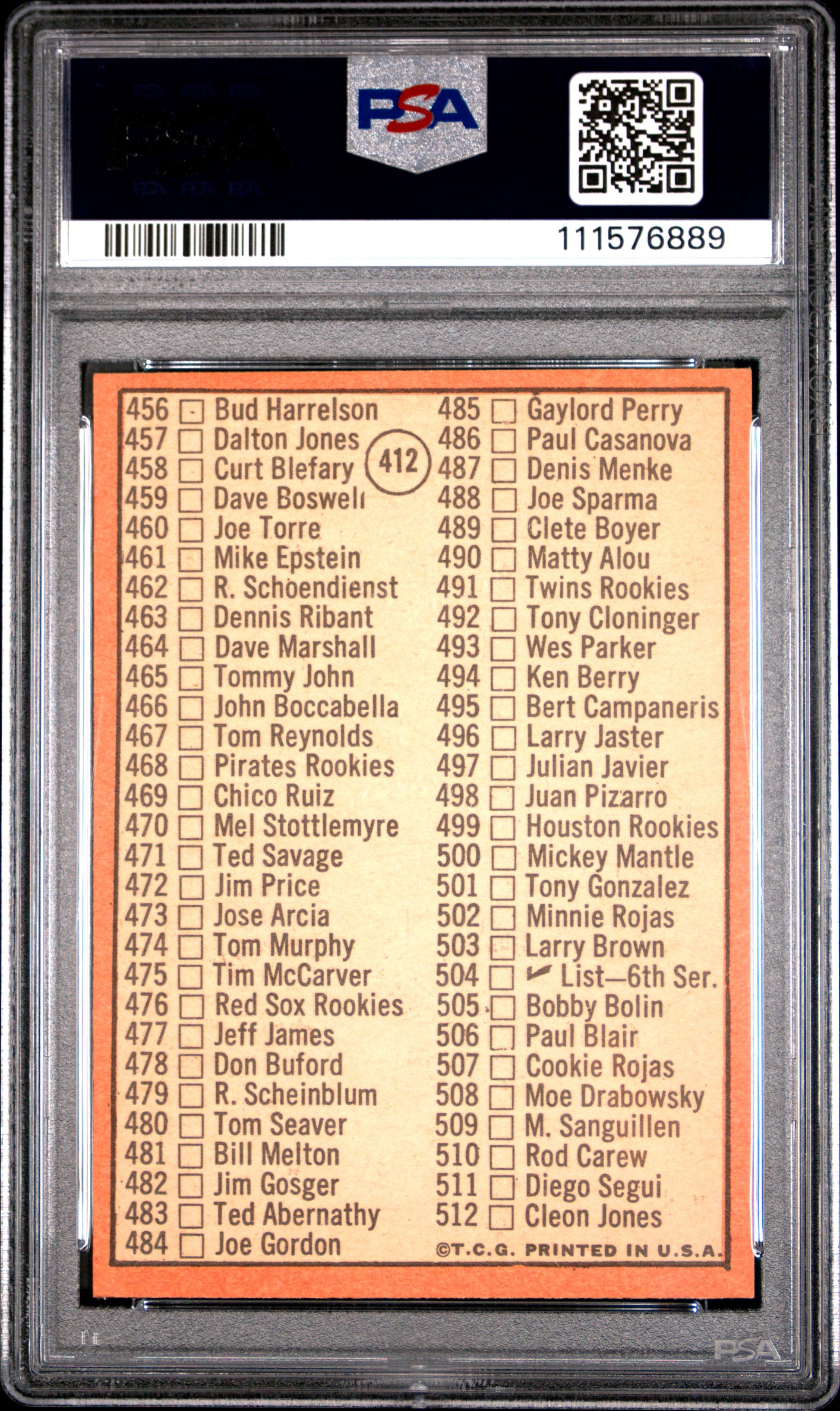 1969 Topps #412 Checklist Mickey Mantle 426-512 PSA 7 NM Near Mint