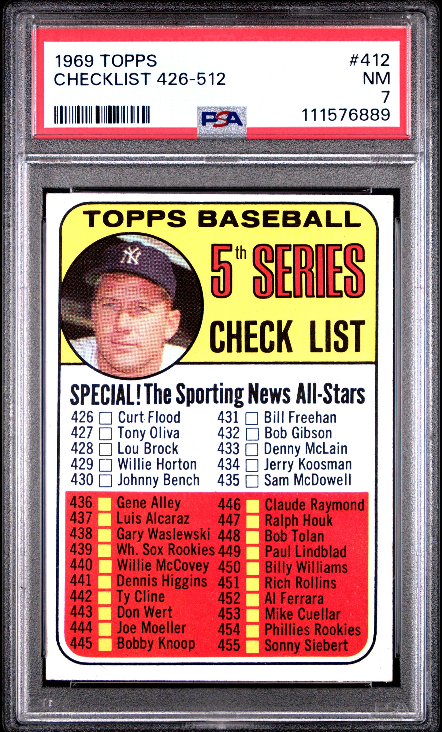 1969 Topps #412 Checklist Mickey Mantle 426-512 PSA 7 NM Near Mint