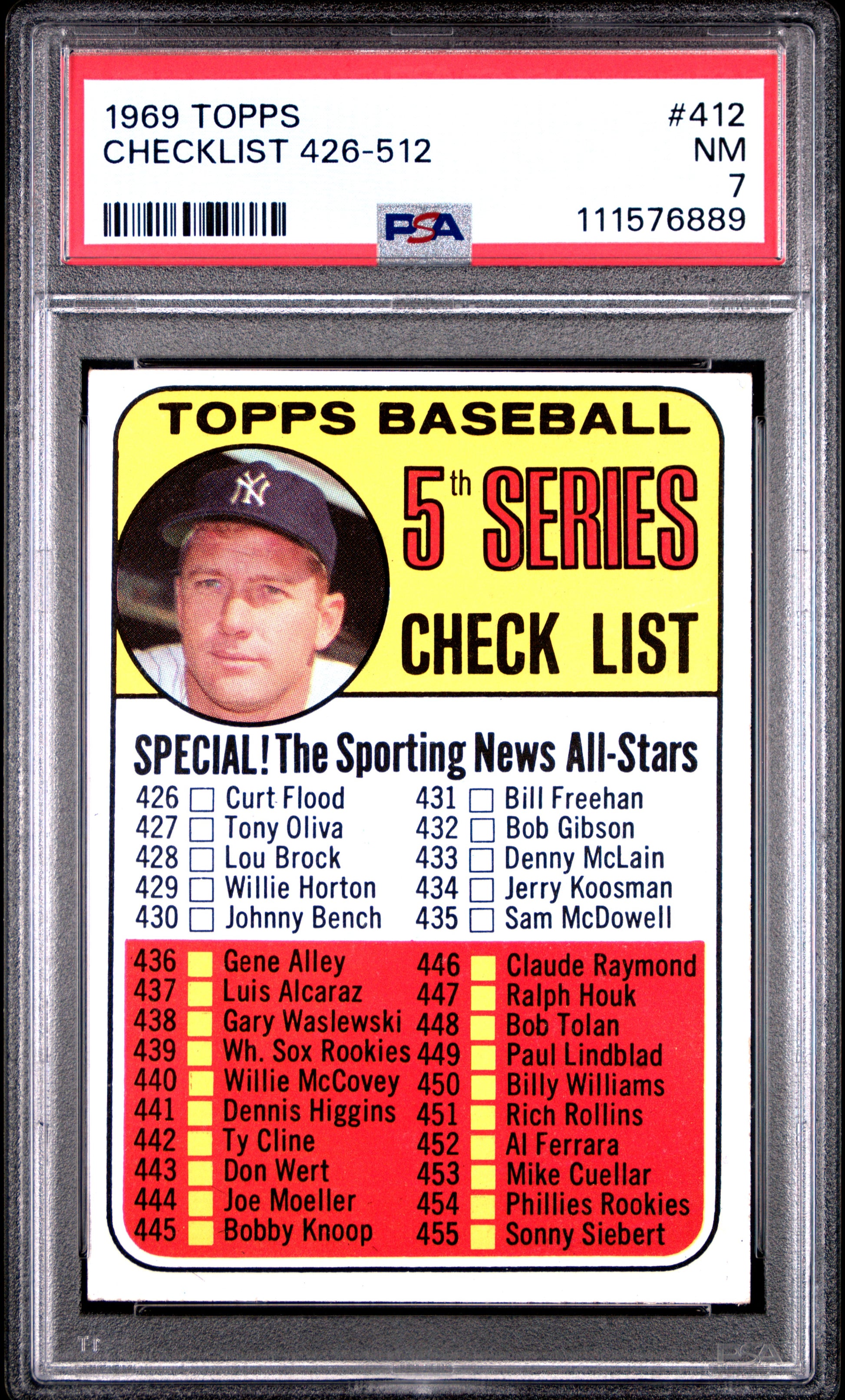 1969 Topps #412 Checklist Mickey Mantle 426-512 PSA 7 NM Near Mint