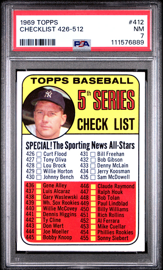 1969 Topps #412 Checklist Mickey Mantle 426-512 PSA 7 NM Near Mint