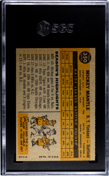 1960 Topps #350 Mickey Mantle SGC 5 EX Sharp + Nice Color