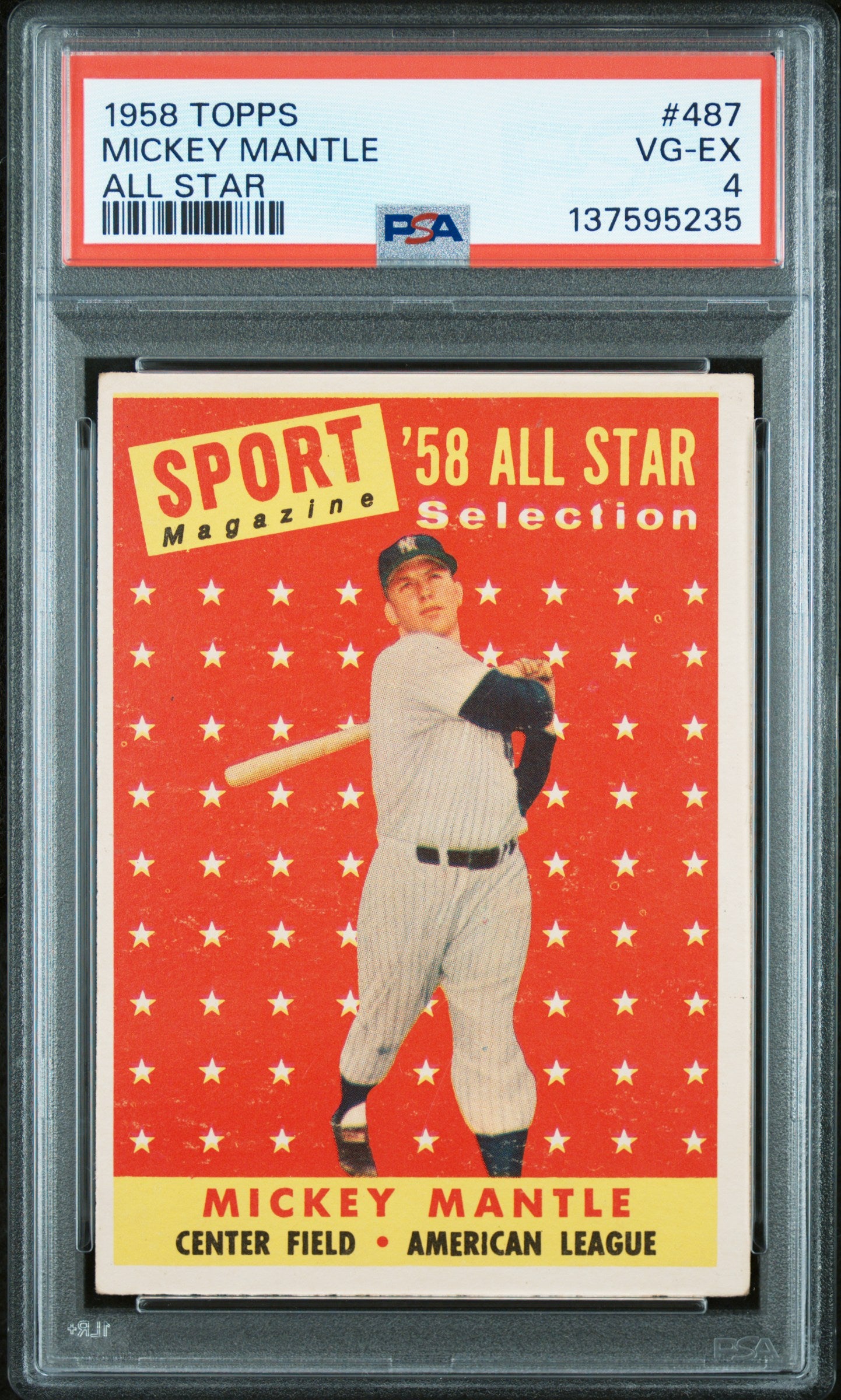 1958 Topps #487 Mickey Mantle All Star PSA 4 VG-EX New Label