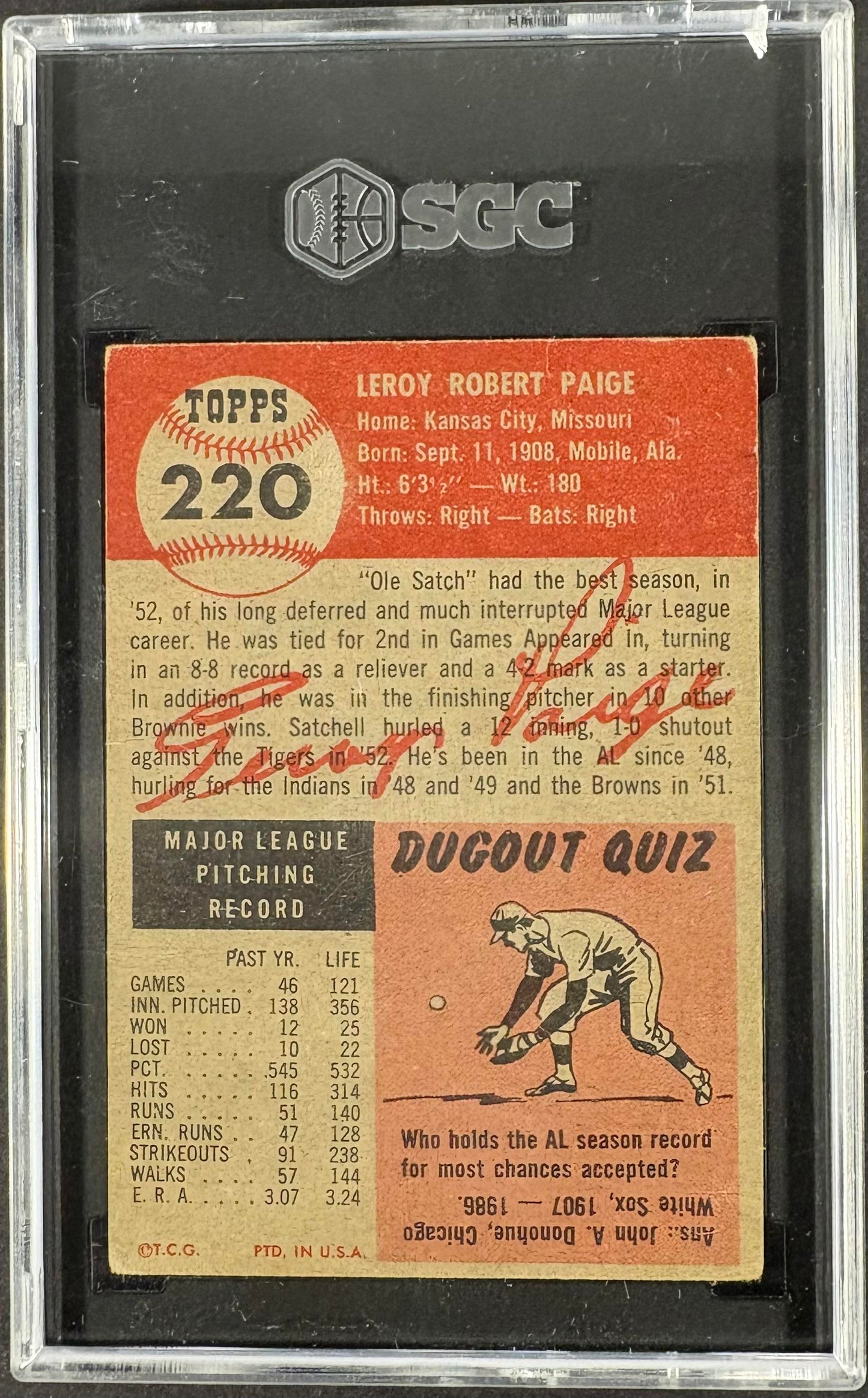1953 Topps #220 Satchell Satchel Paige SGC 2.5 GD+ Well Centered Nice Color