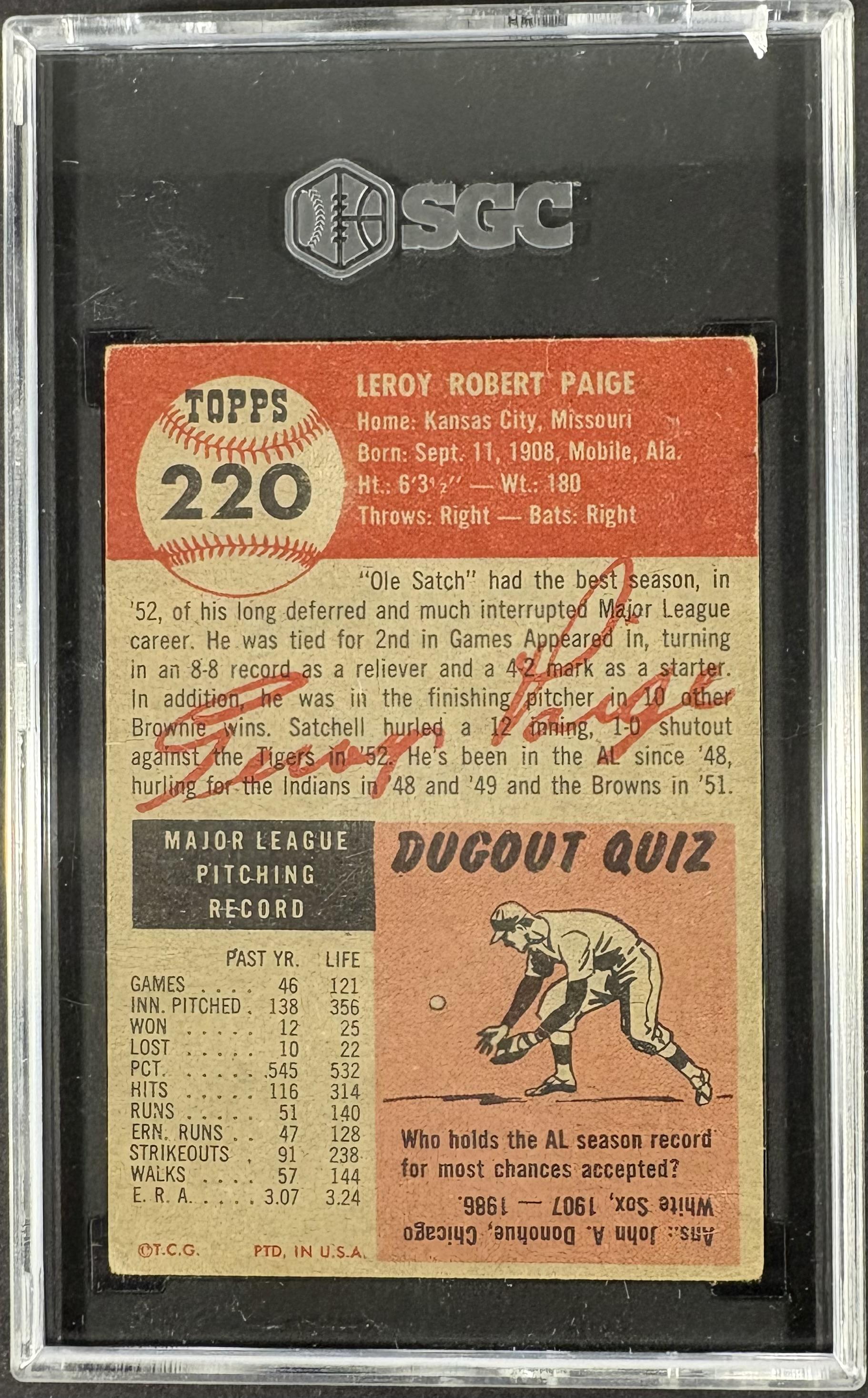 1953 Topps #220 Satchell Satchel Paige SGC 2.5 GD+ Well Centered Nice Color