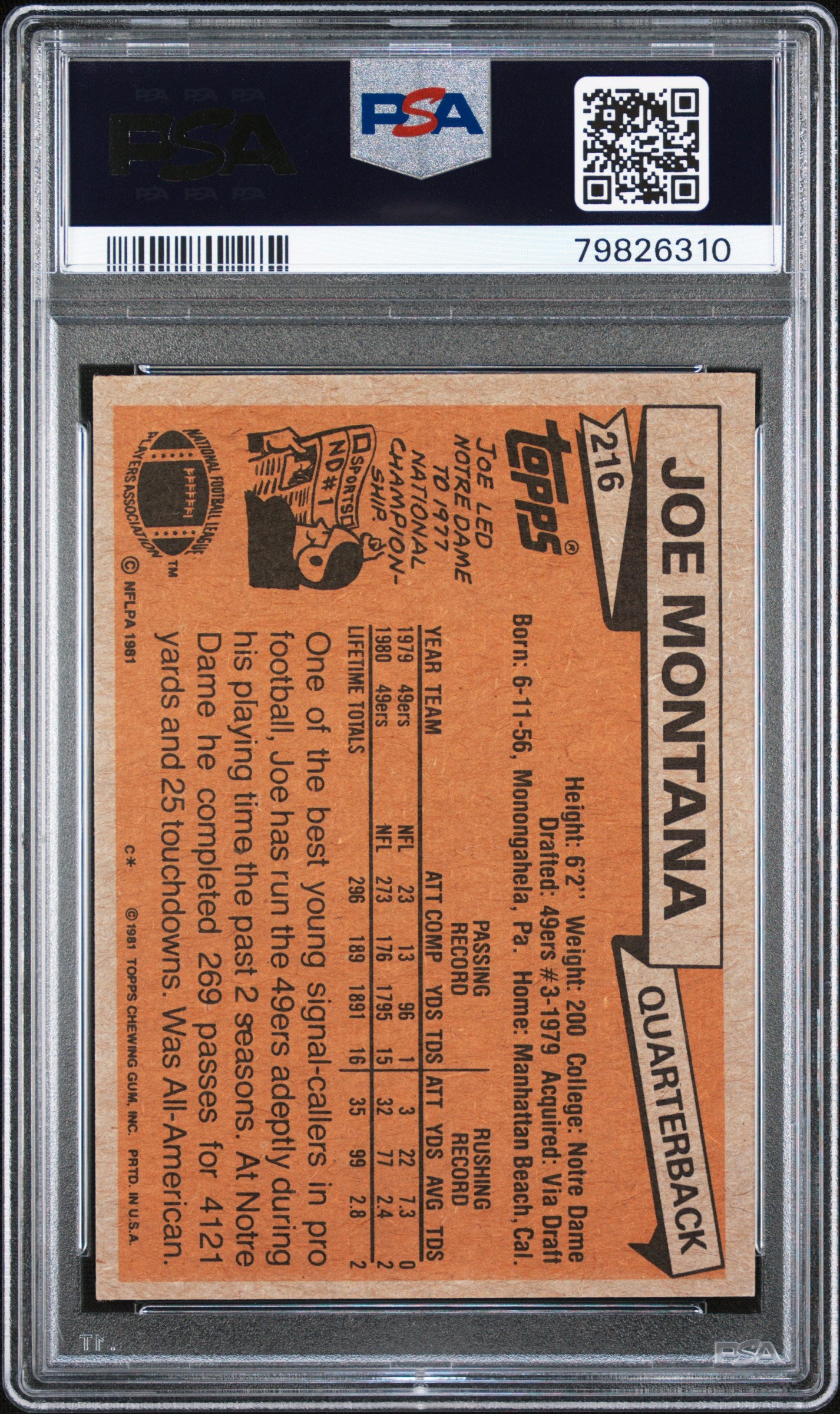 1981 Topps #216 Joe Montana RC Rookie PSA 8 / 10 AUTO Autograph