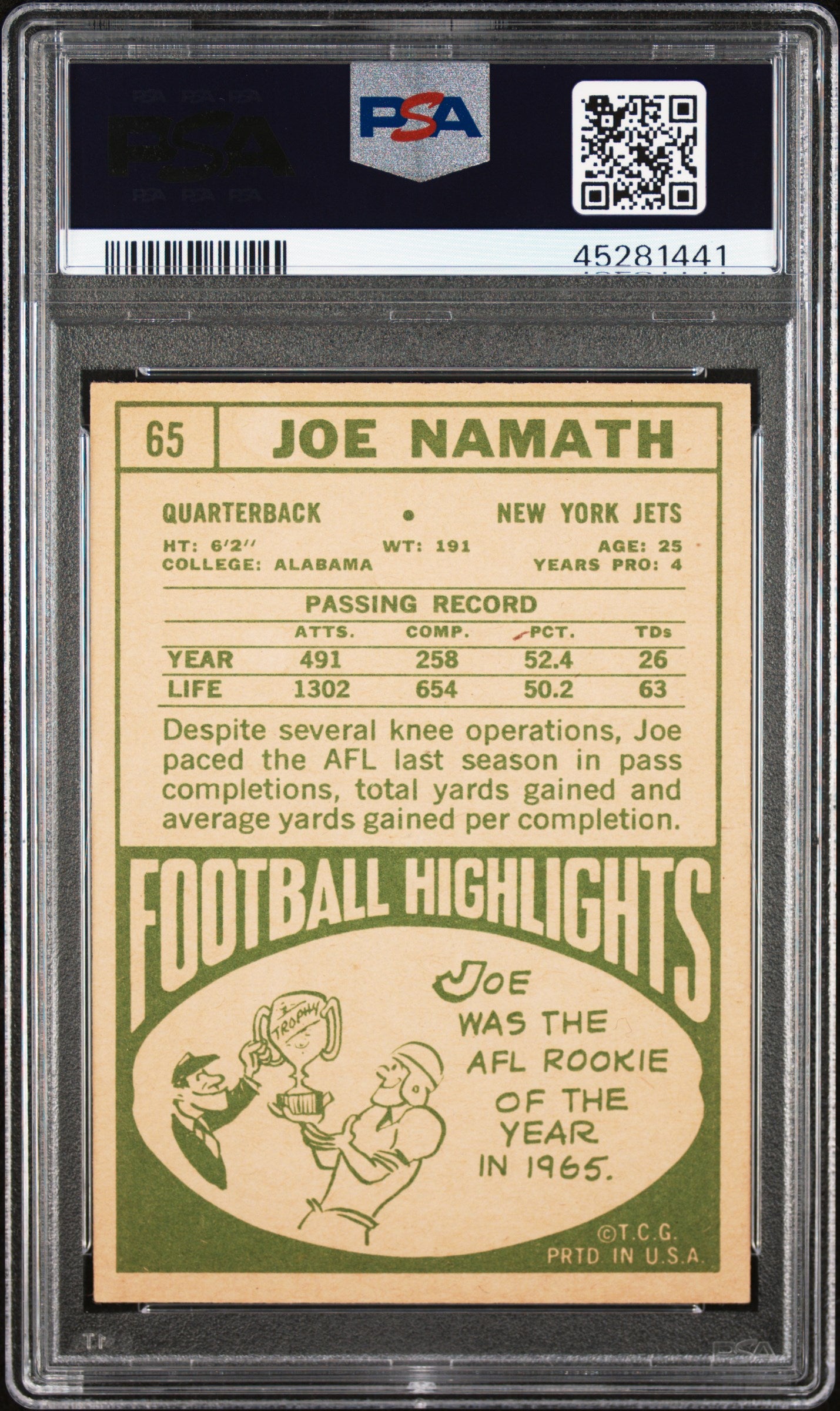 1968 Topps #65 Joe Namath PSA 6 / 10 AUTO Autograph