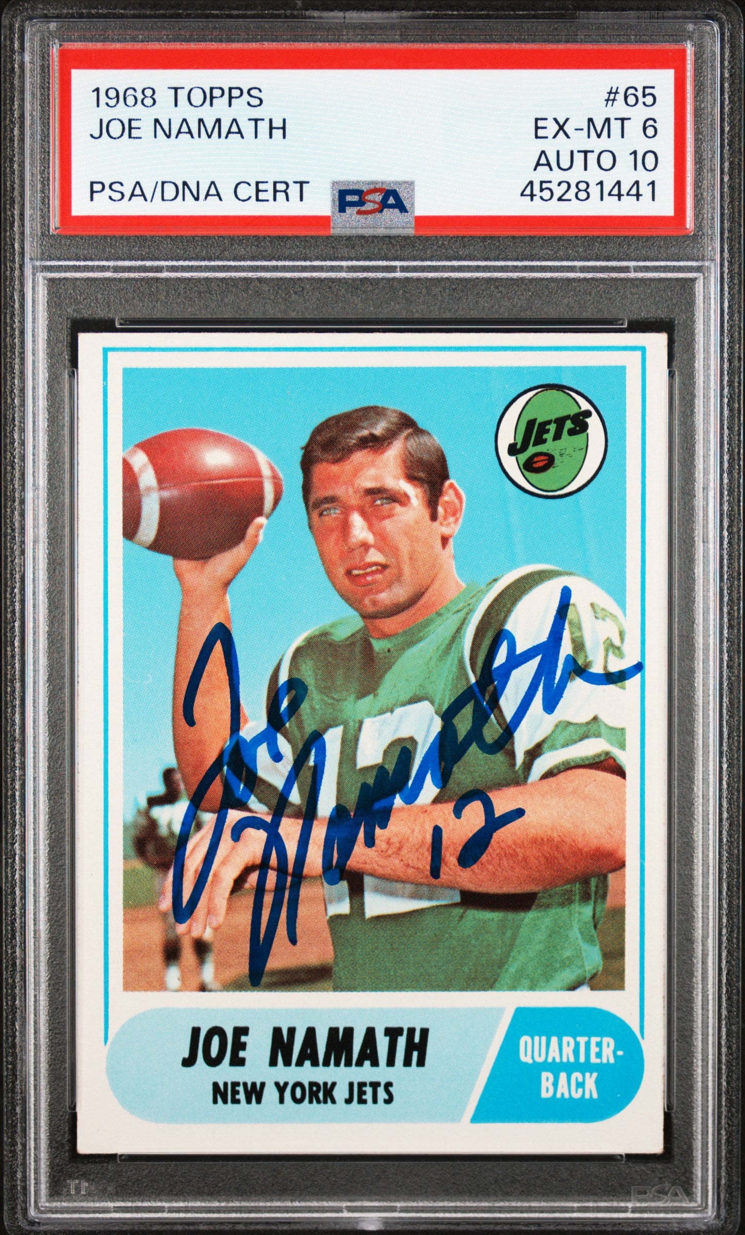 1968 Topps #65 Joe Namath PSA 6 / 10 AUTO Autograph