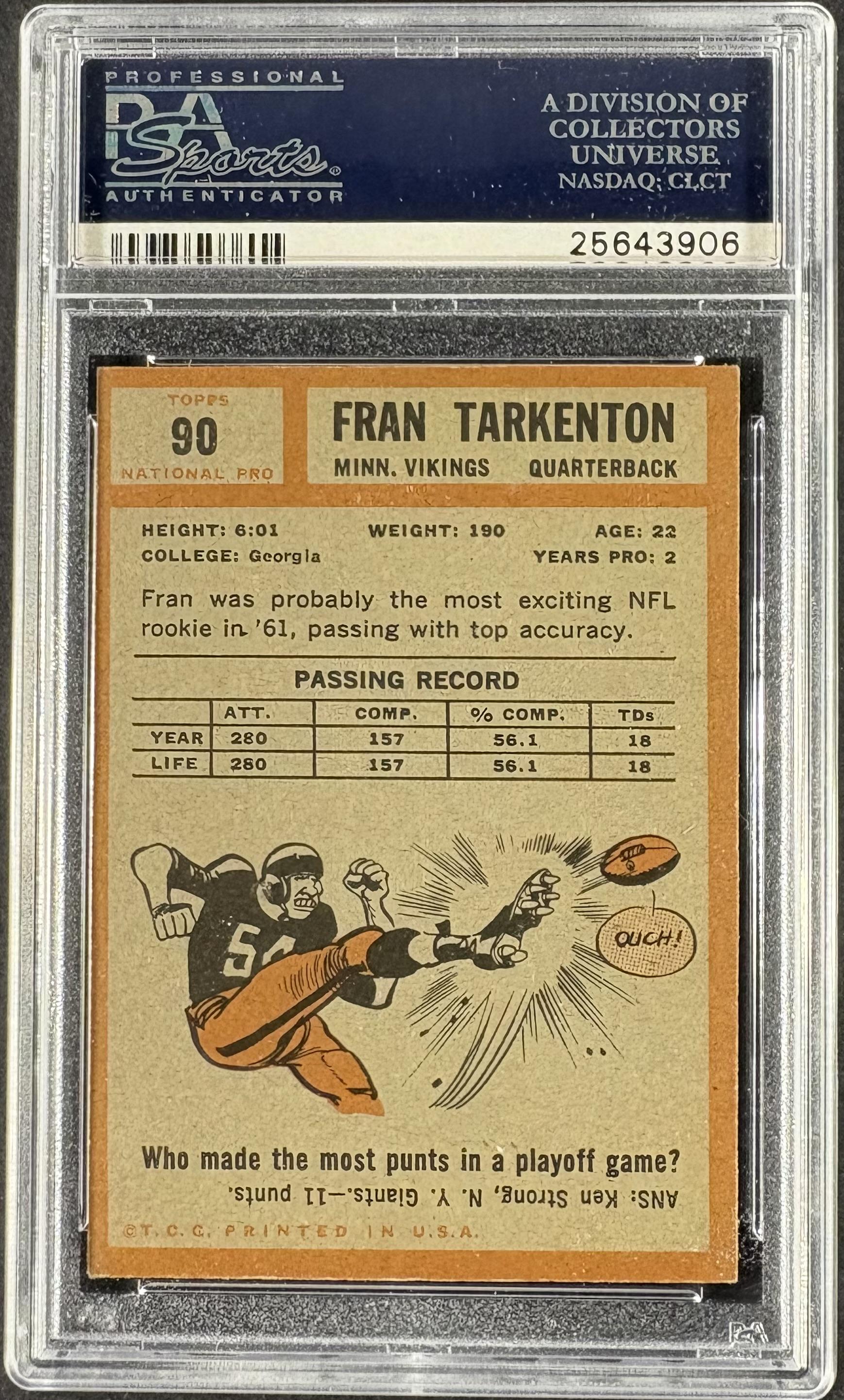 1962 Topps #90 Fran Tarkenton RC Rookie PSA Authentic AUTO Autograph
