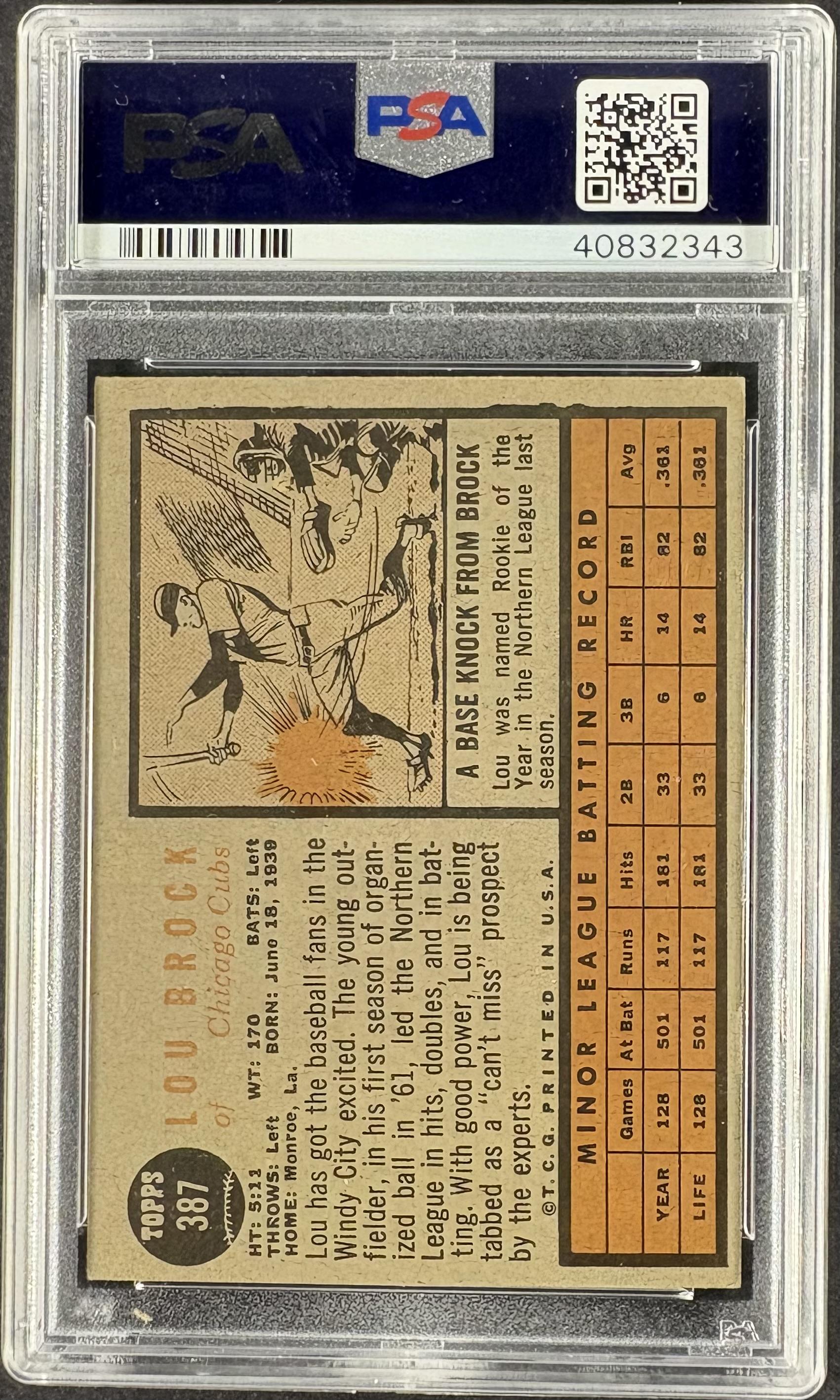 1962 Topps #387 Lou Brock RC Rookie PSA Authentic AUTO Autograph
