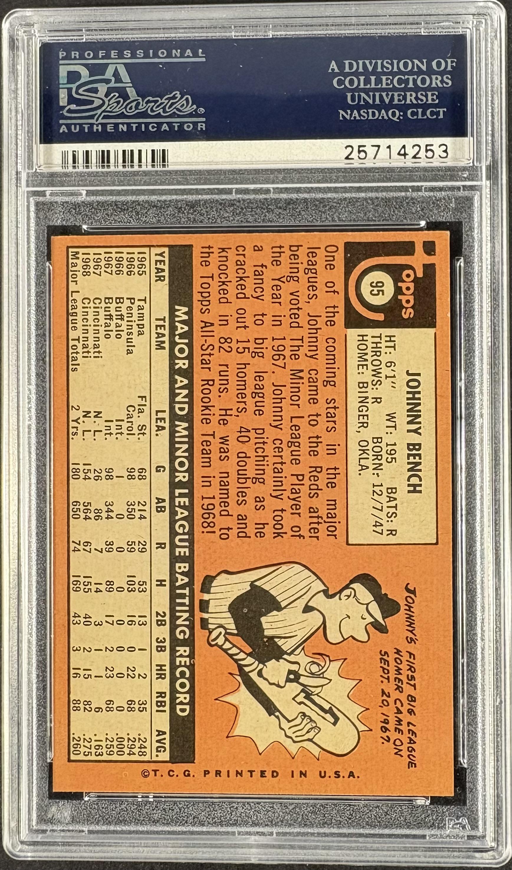 1969 Topps #95 Johnny Bench PSA 9 MINT High Grade