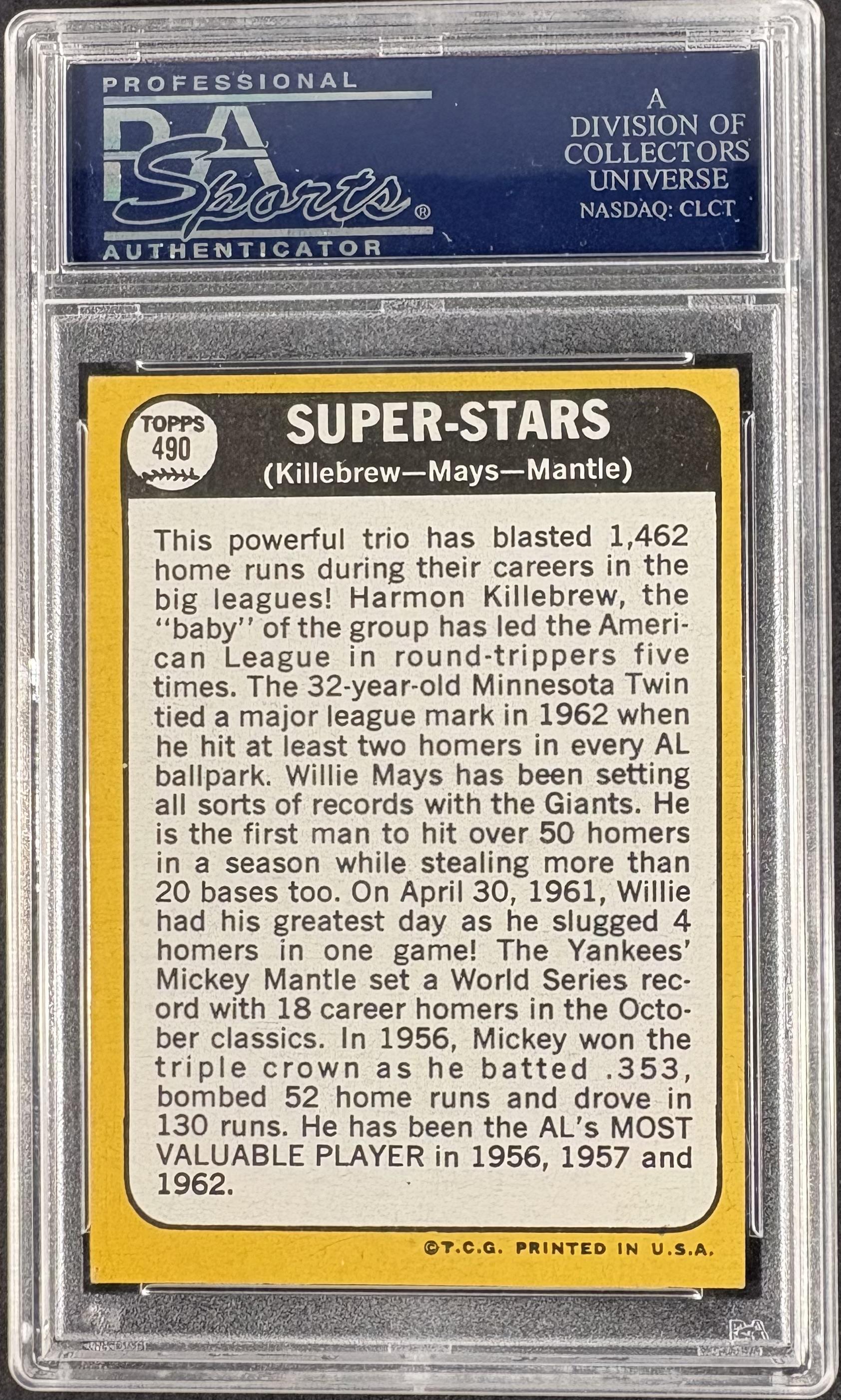 1968 Topps #490 Super Stars Killebrew Willie Mays Mickey Mantle PSA 6 CENTERED