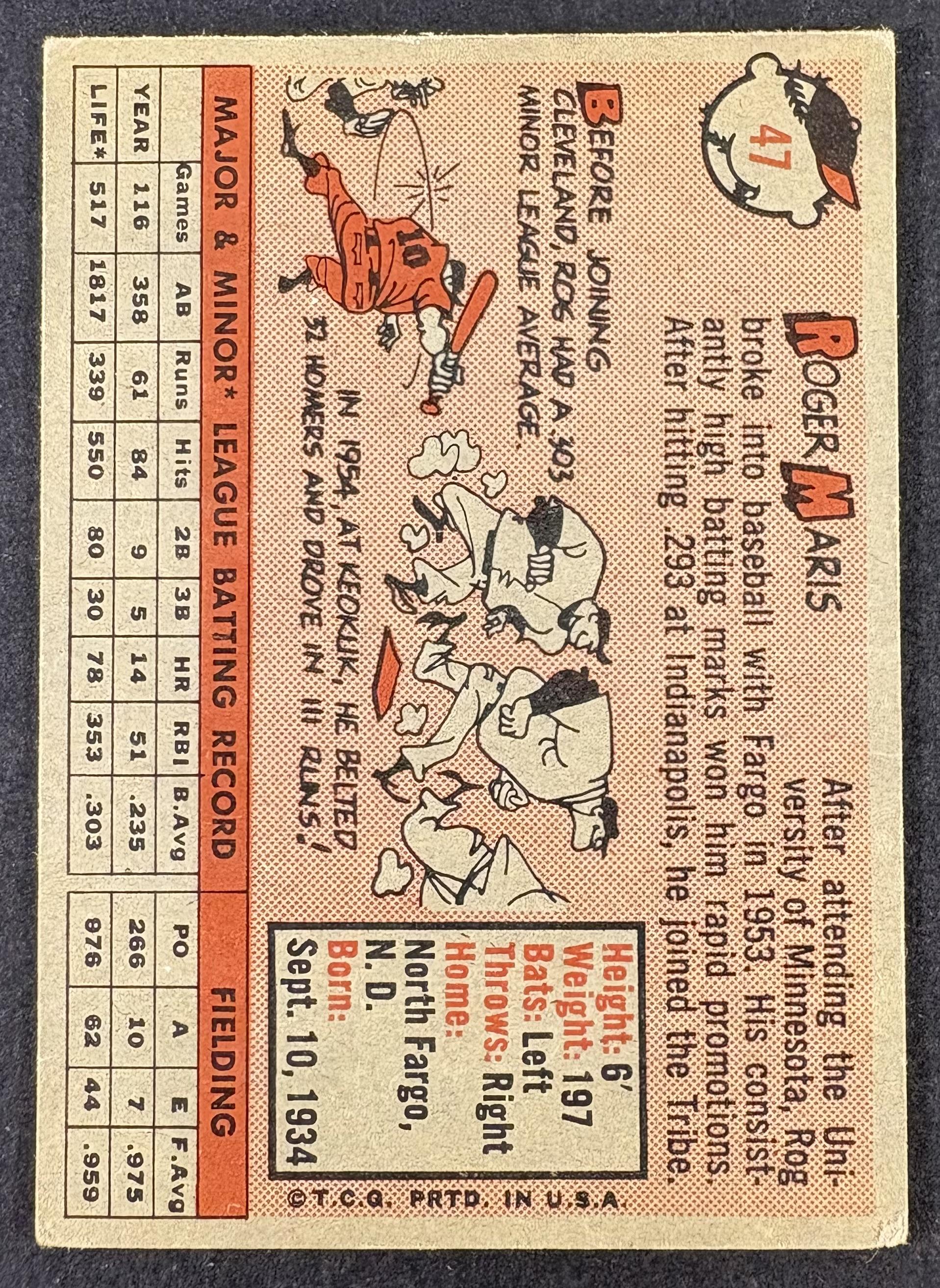 1958 Topps #47 Roger Maris RC Rookie Nice Color (wrinkle)