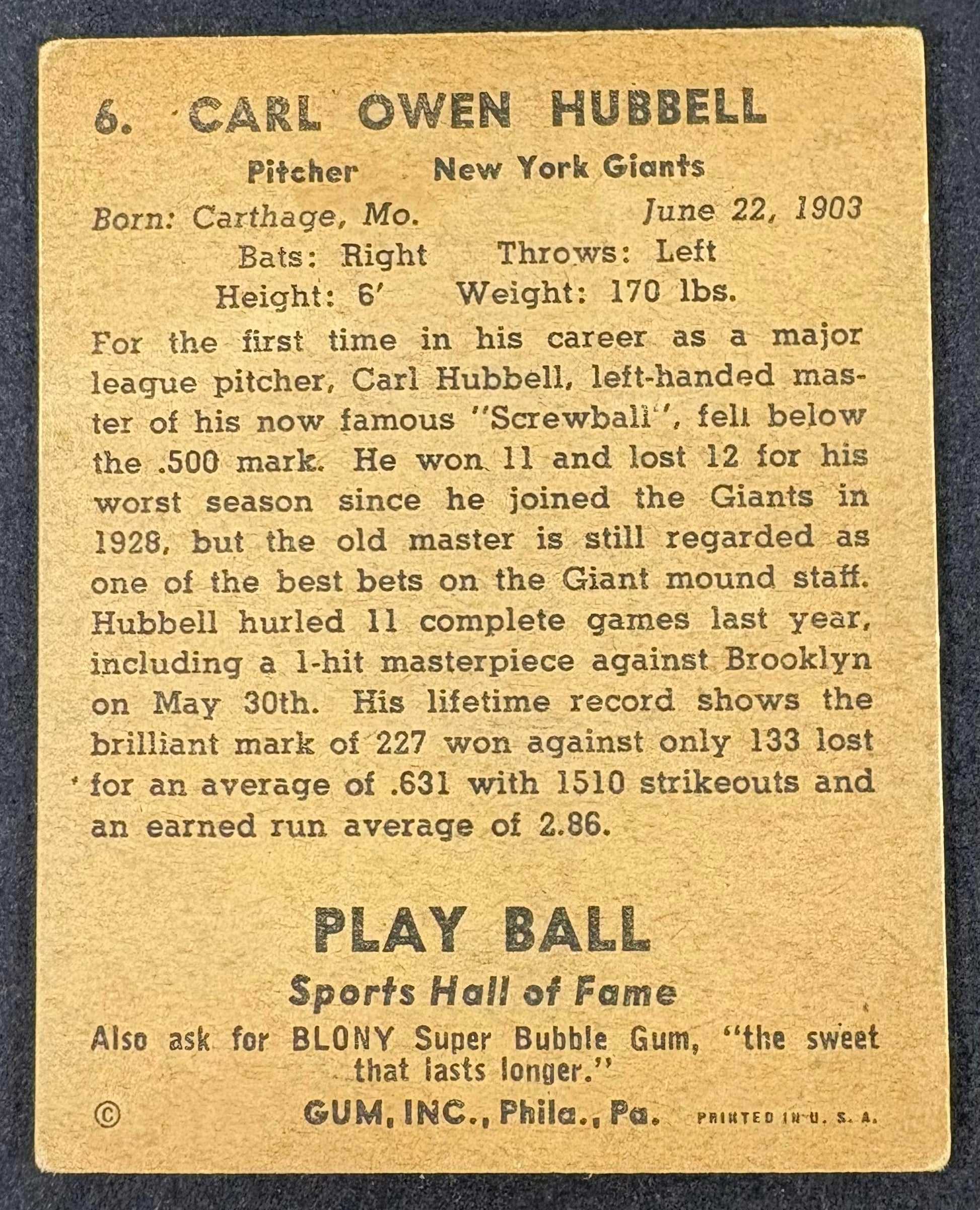 1941 Play Ball #6 Carl Hubbell Nice Color (wrinkle)