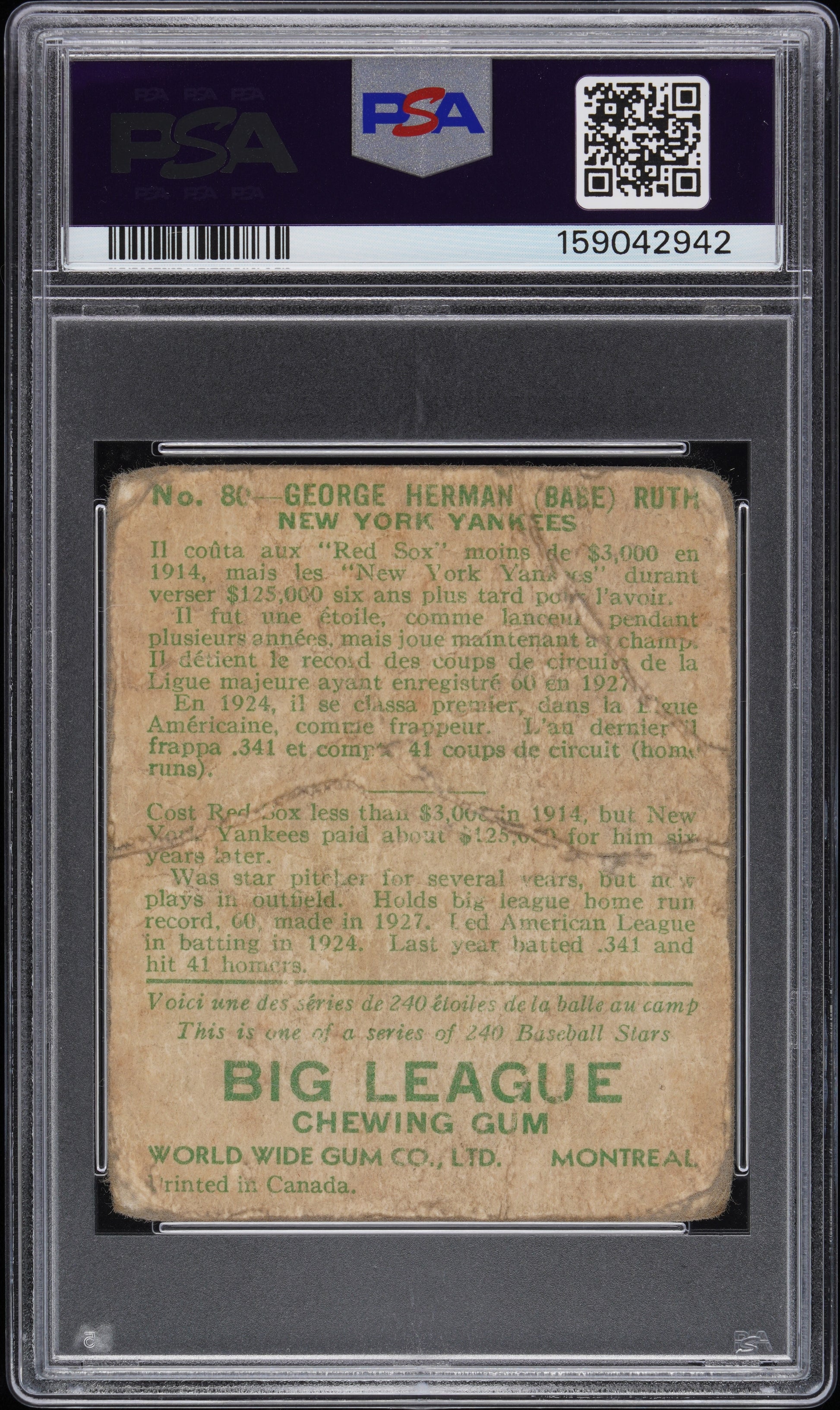 1933 Canadian Goudey World Wide Gum #80 Babe Ruth PSA 1 mc