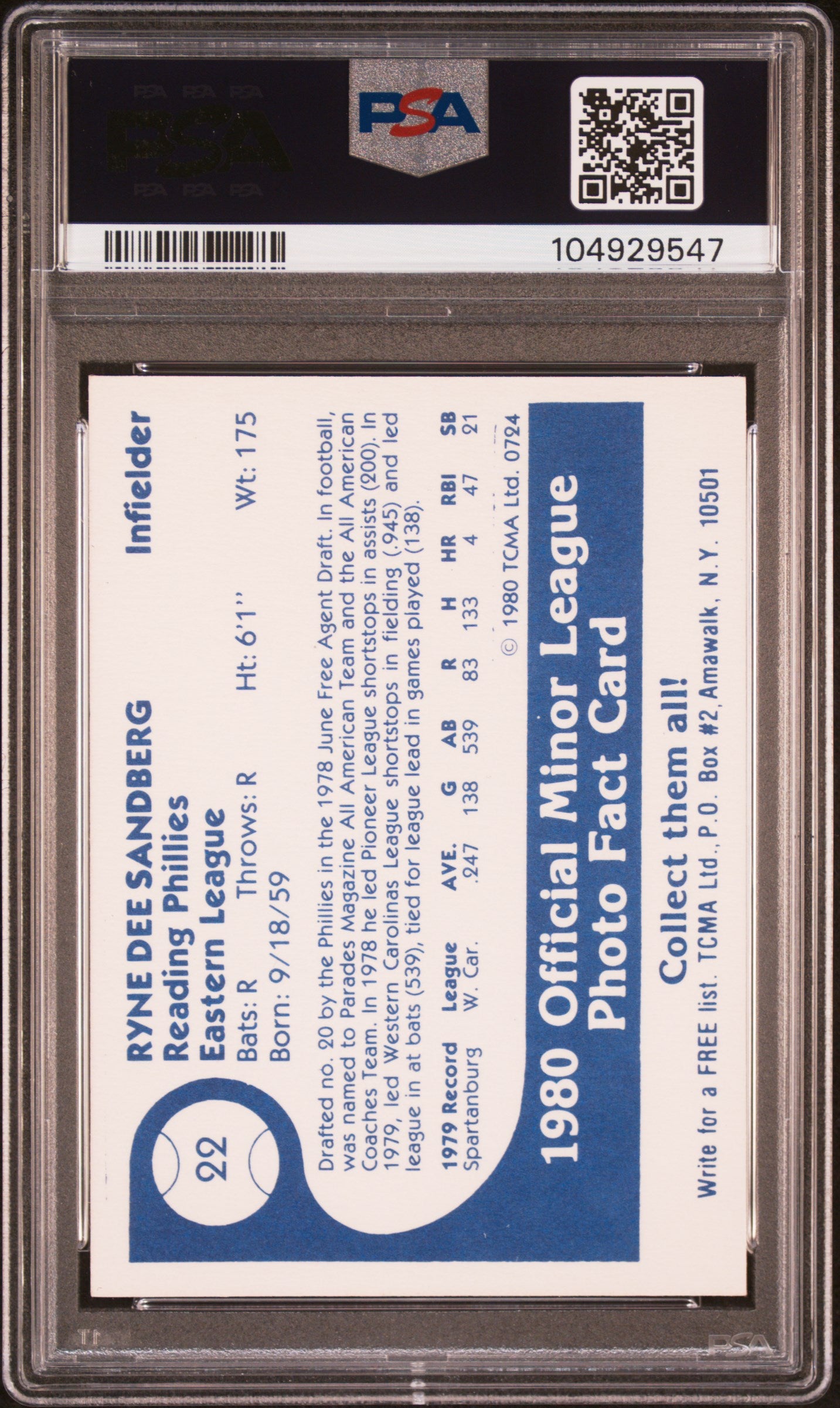 1980 TCMA Reading Phillies #22 Ryne Sandberg XRC Rookie PSA 7 New Label