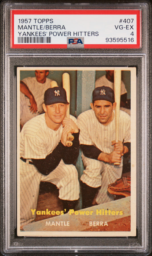1957 Topps #407 Mickey Mantle Berra Yankees' Power Hitters PSA 4 VG-EX New Label