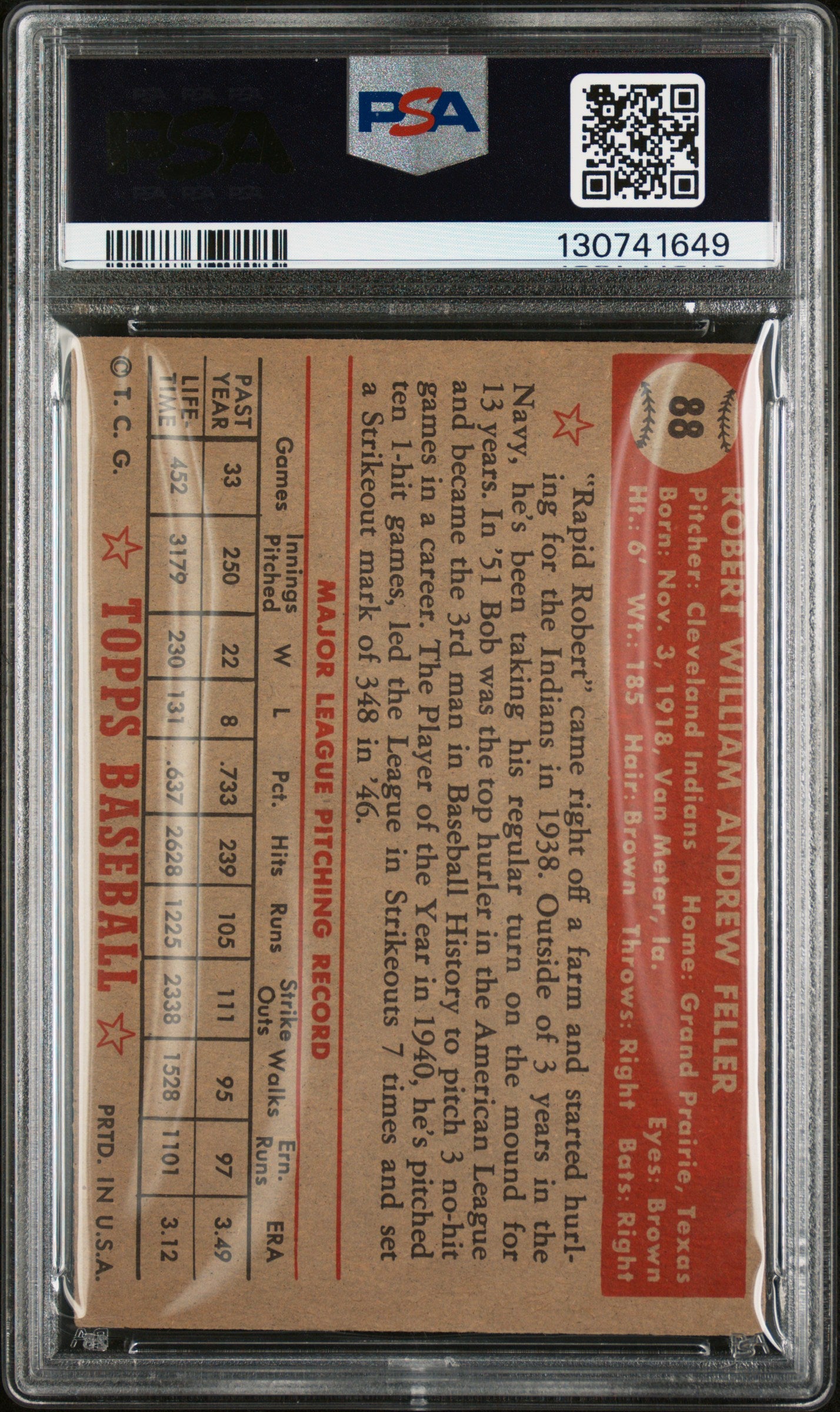 1952 Topps #88 Bob Feller PSA 4 VG-EX New Label
