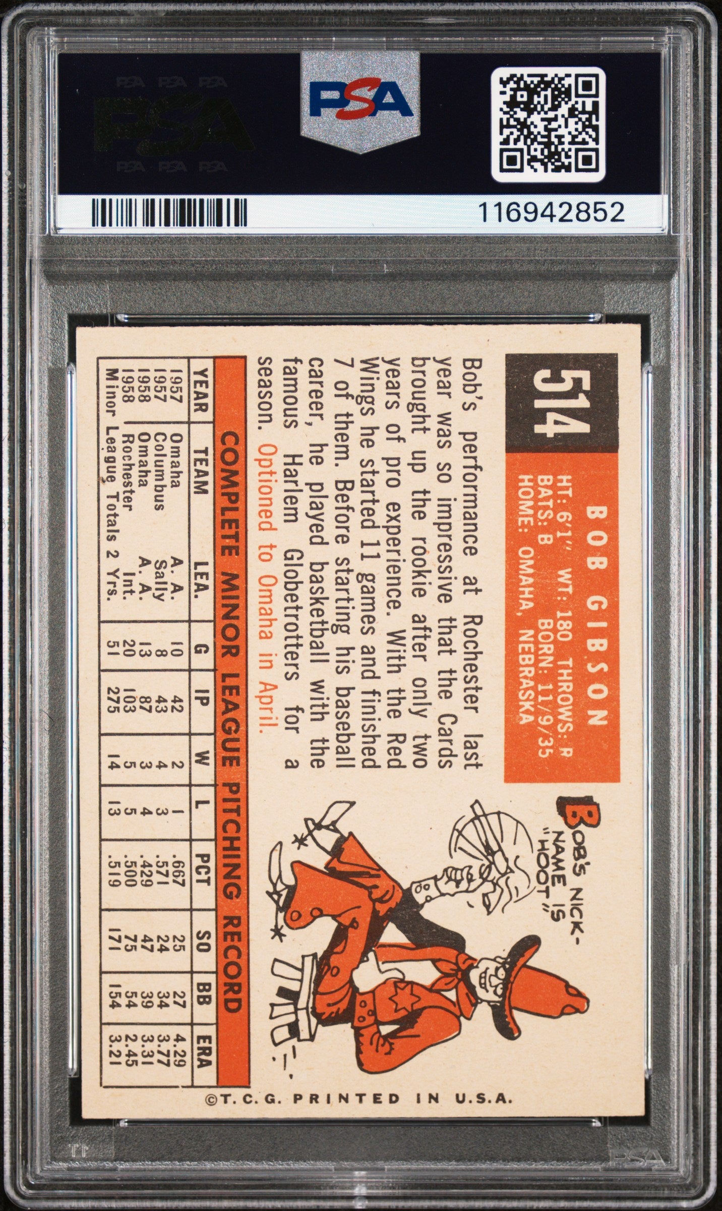 1959 Topps #514 Bob Gibson RC Rookie PSA 7 NM Near Mint New Label