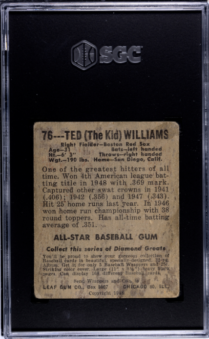 1948-49 Leaf Gum Co. #76 Ted Williams SGC 2.5 GD+ Nice Color