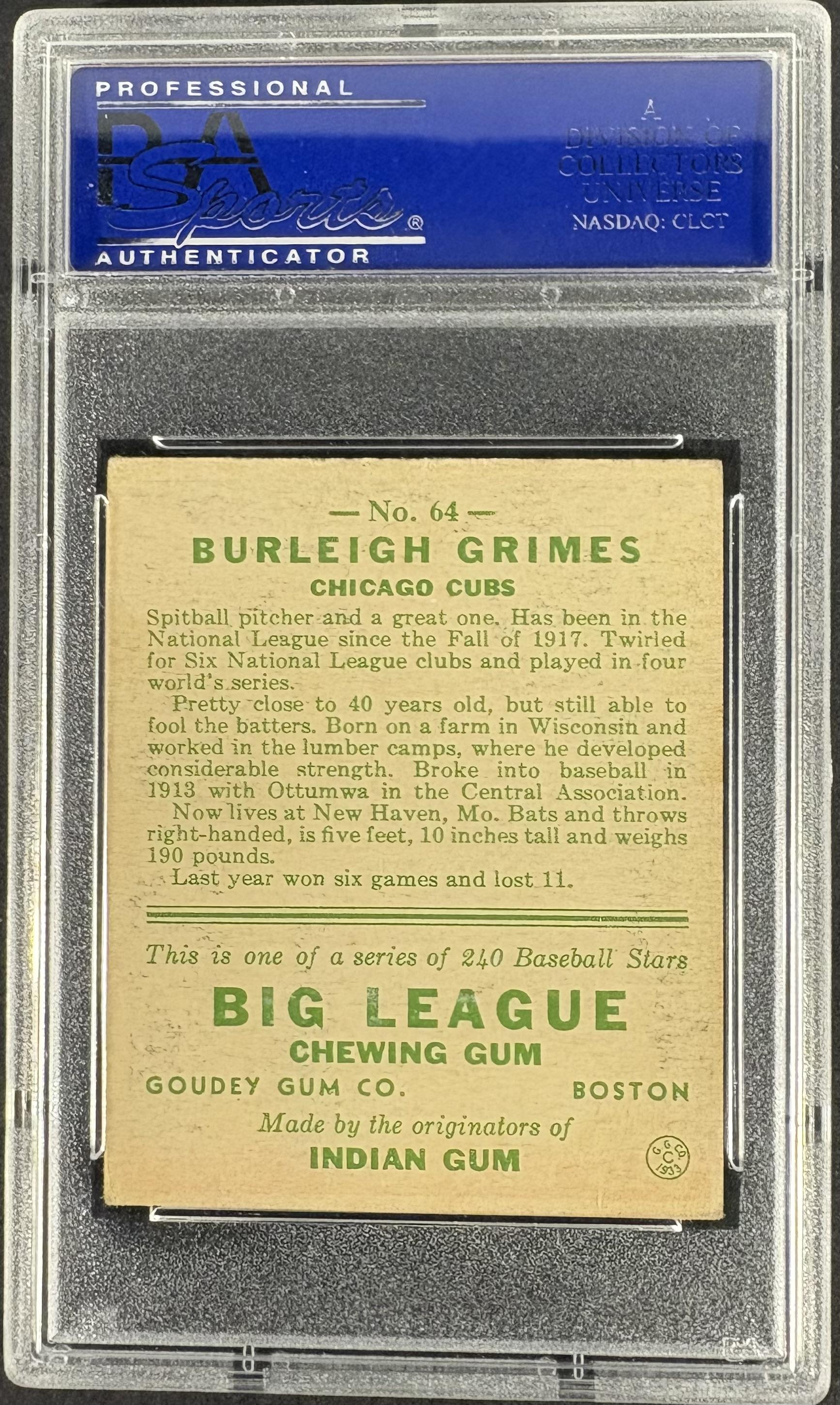 1933 Goudey (R319) #64 Burleigh Grimes PSA 4 VG-EX Nice Color
