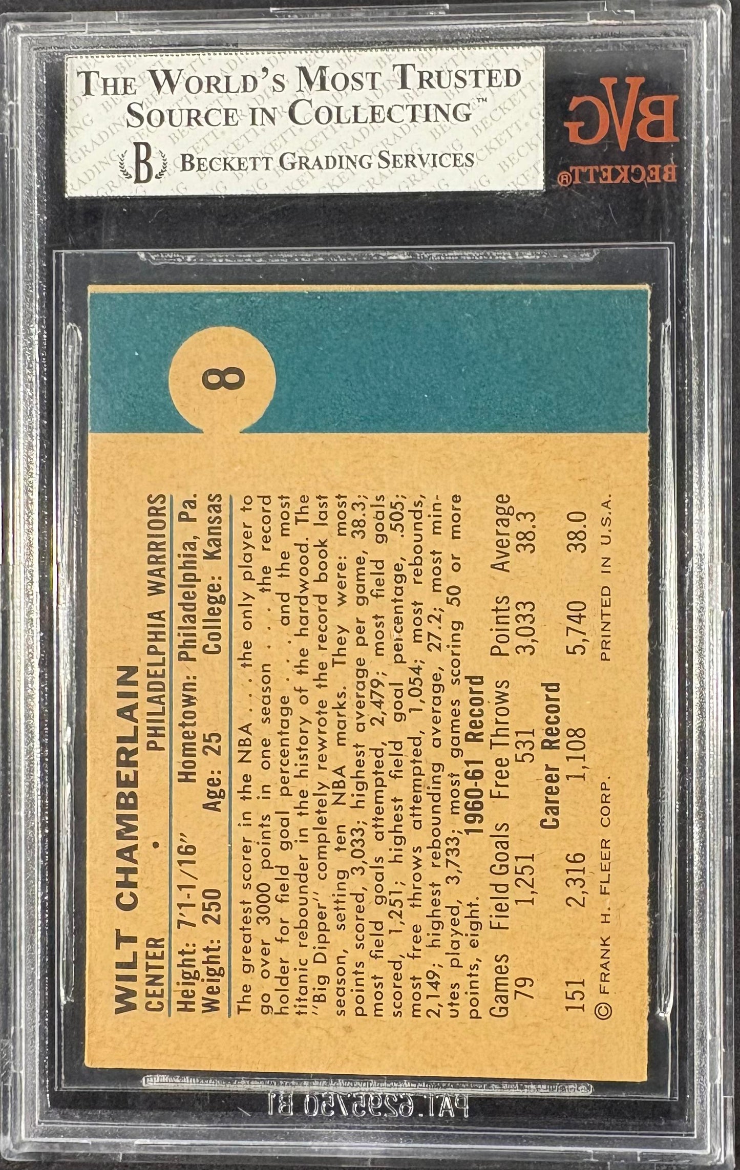 1961-62 Fleer #8 Wilt Chamberlain RC Rookie BVG 5.5 EX+ Nice Color