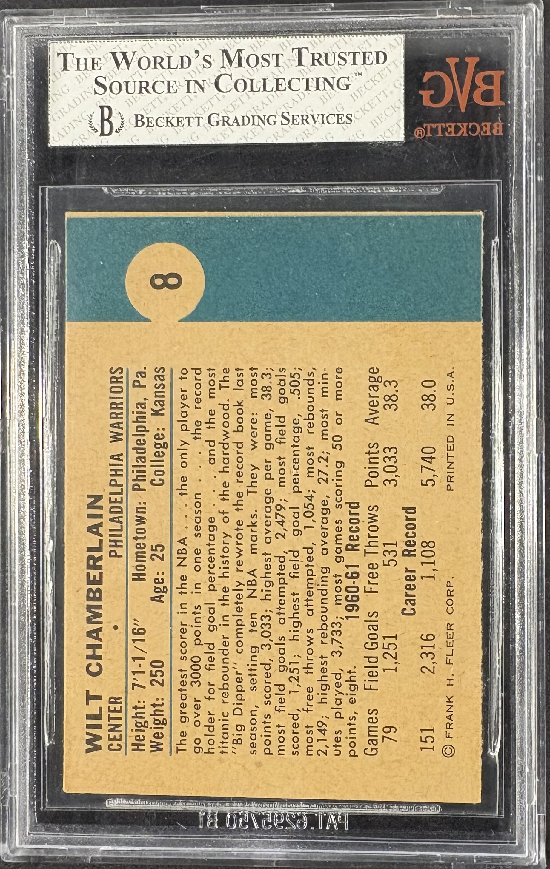 1961-62 Fleer #8 Wilt Chamberlain RC Rookie BVG 5.5 EX+ Nice Color