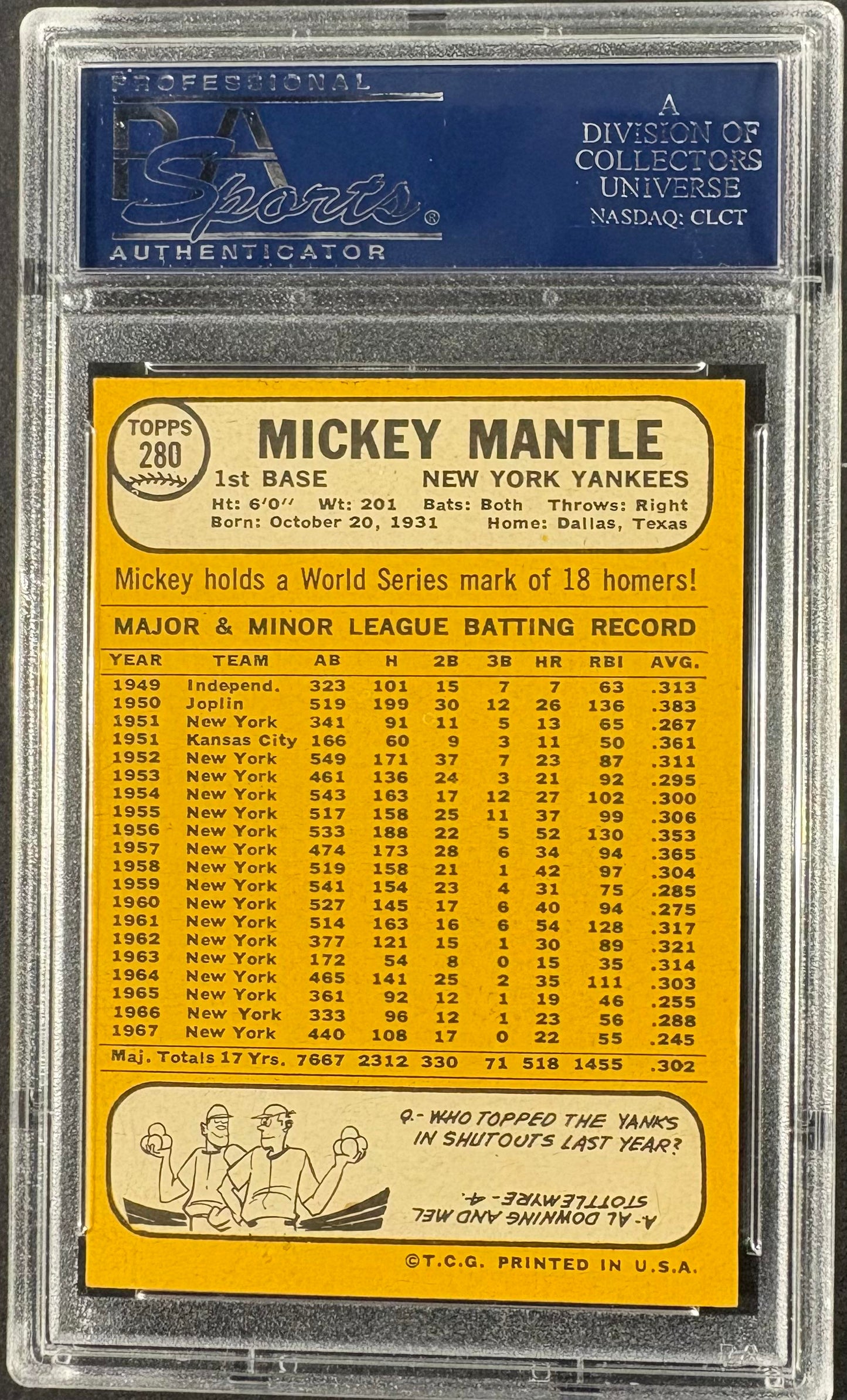 1968 Topps #280 Mickey Mantle PSA 6.5 EX-MT+ CENTERED