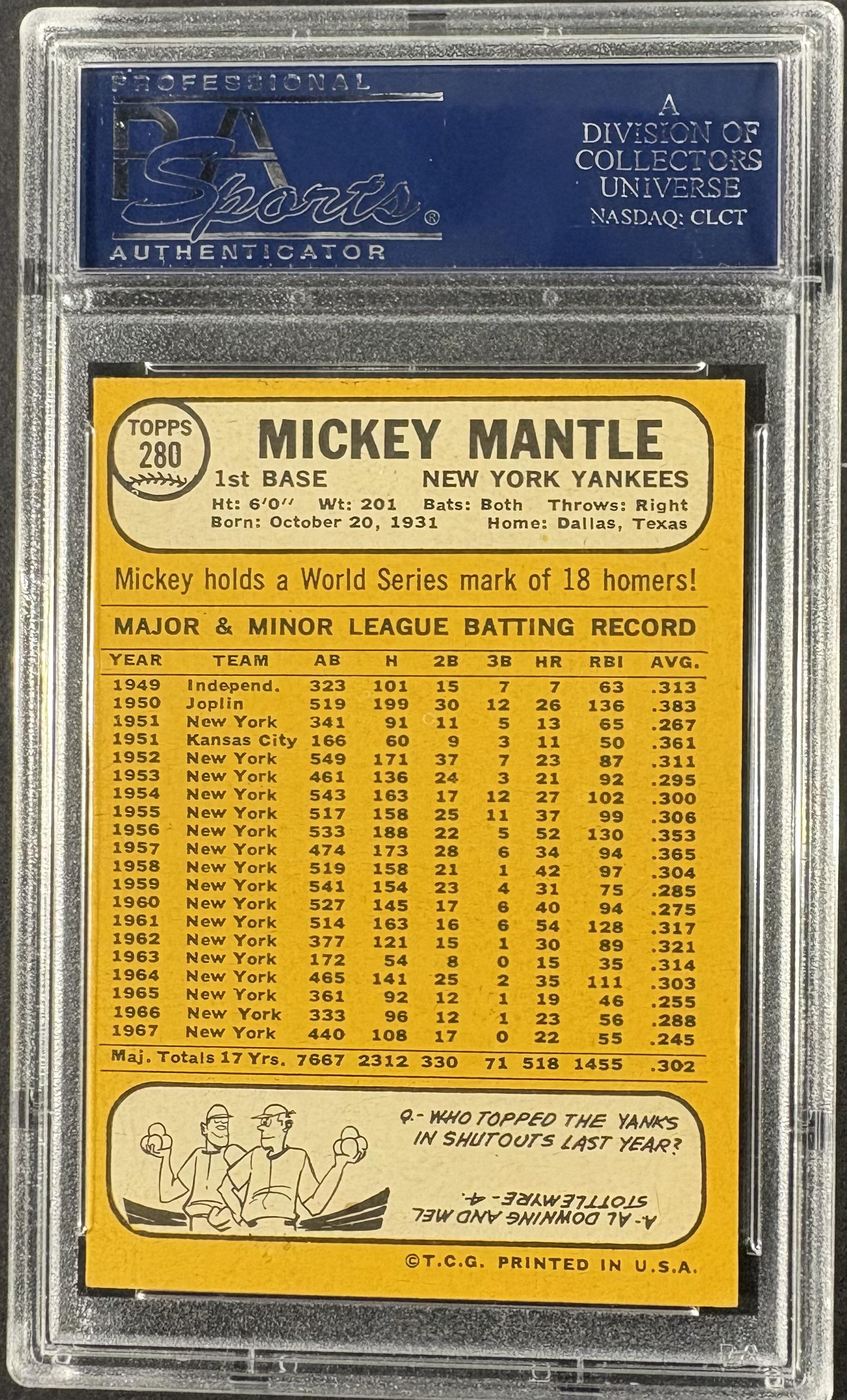 1968 Topps #280 Mickey Mantle PSA 6.5 EX-MT+ CENTERED
