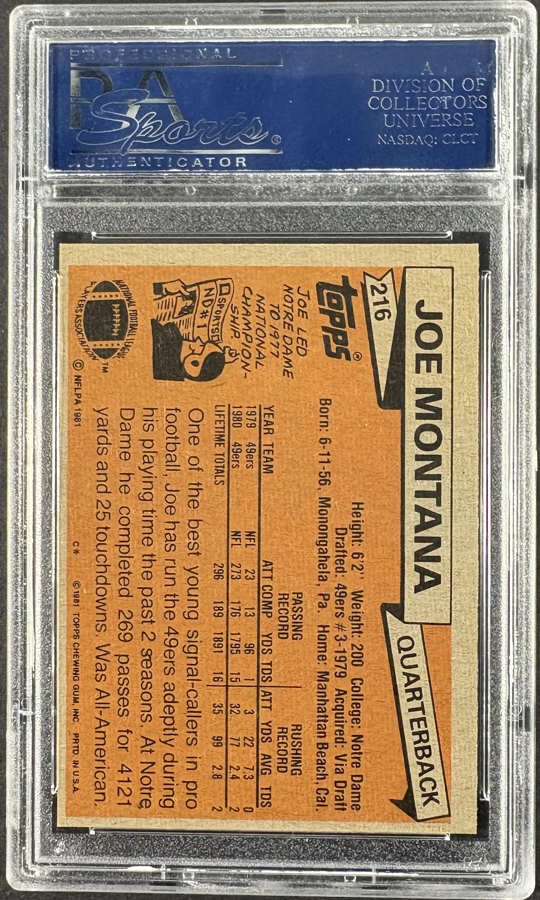 1981 Topps #216 Joe Montana RC Rookie PSA 9 MINT High Grade Well Centered