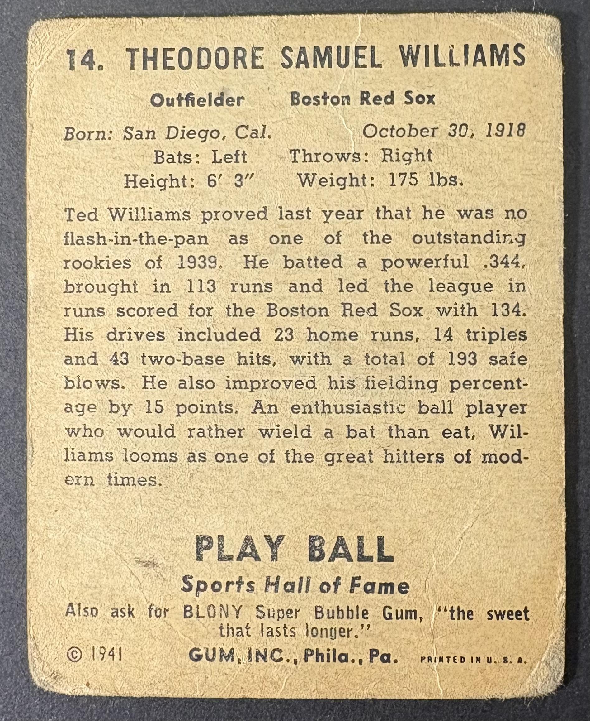 1941 Play Ball #14 Ted Williams Well Centered Lower Grade (creasing)