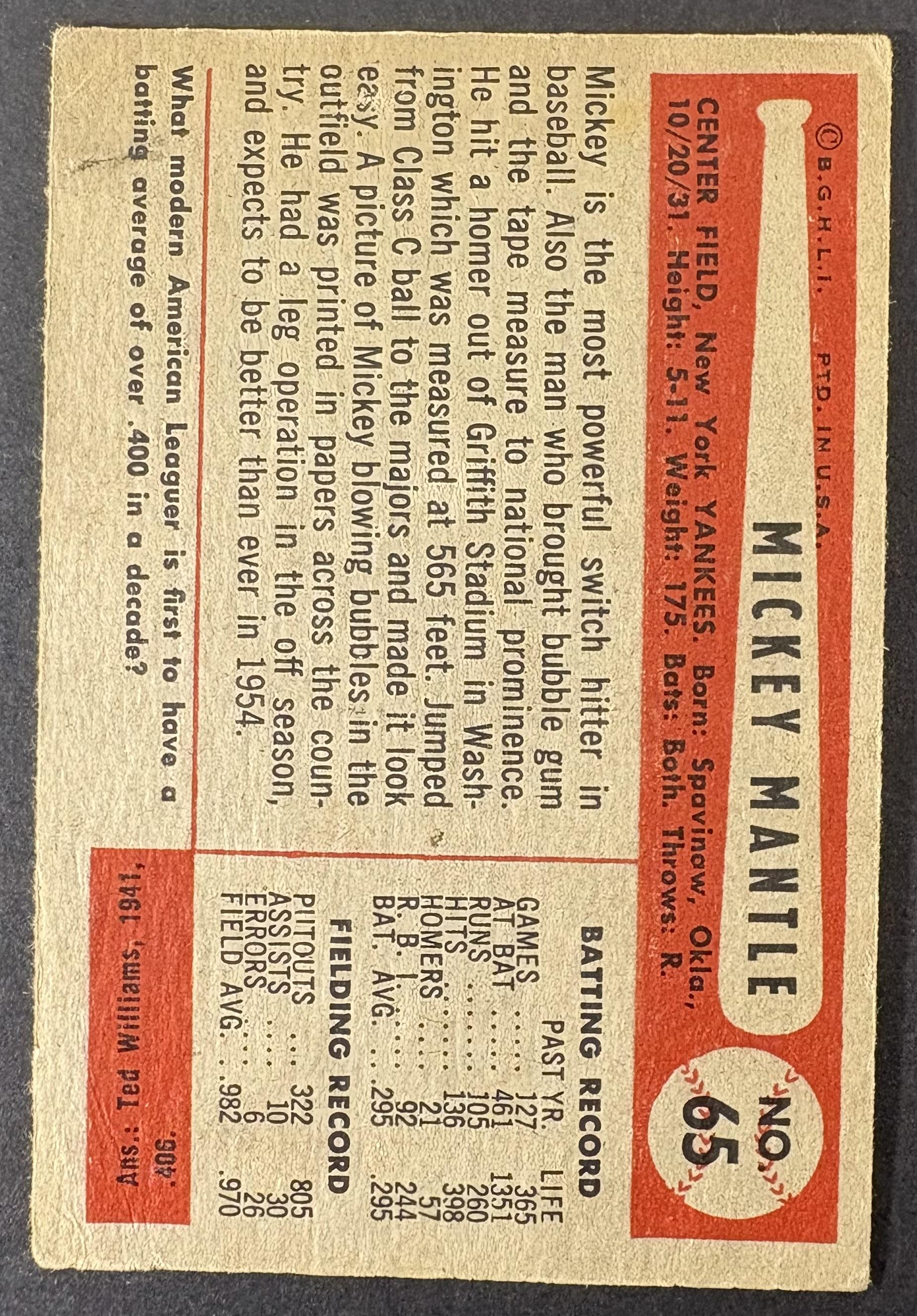 1954 Bowman #65 Mickey Mantle Nice Eye Appeal (wrinkle)