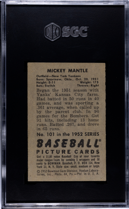 1952 Bowman #101 Mickey Mantle SGC 4.5 VG-EX+ Nice Eye Appeal
