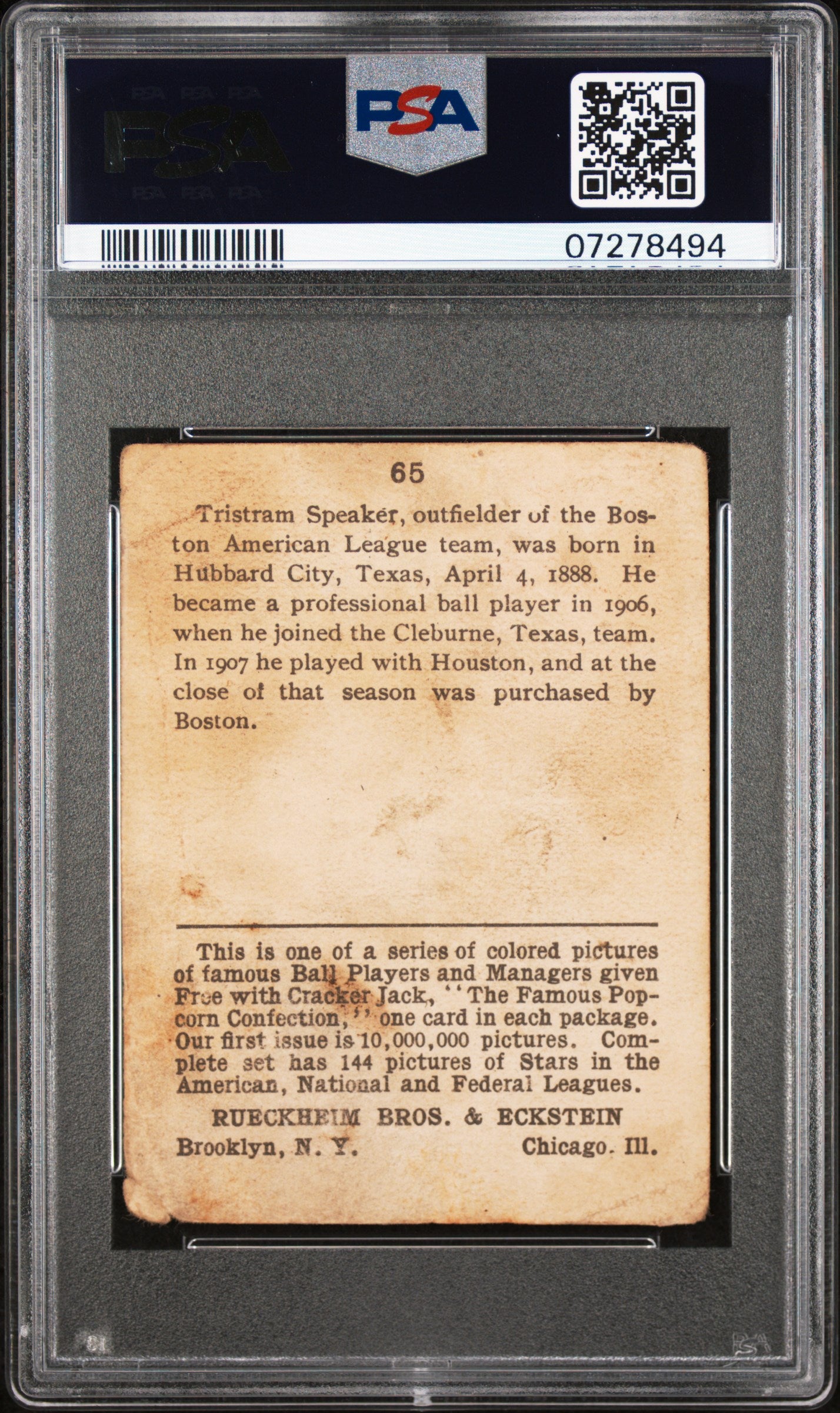 1914 Cracker Jack #65 Tris Speaker PSA 1 Nice Eye Appeal