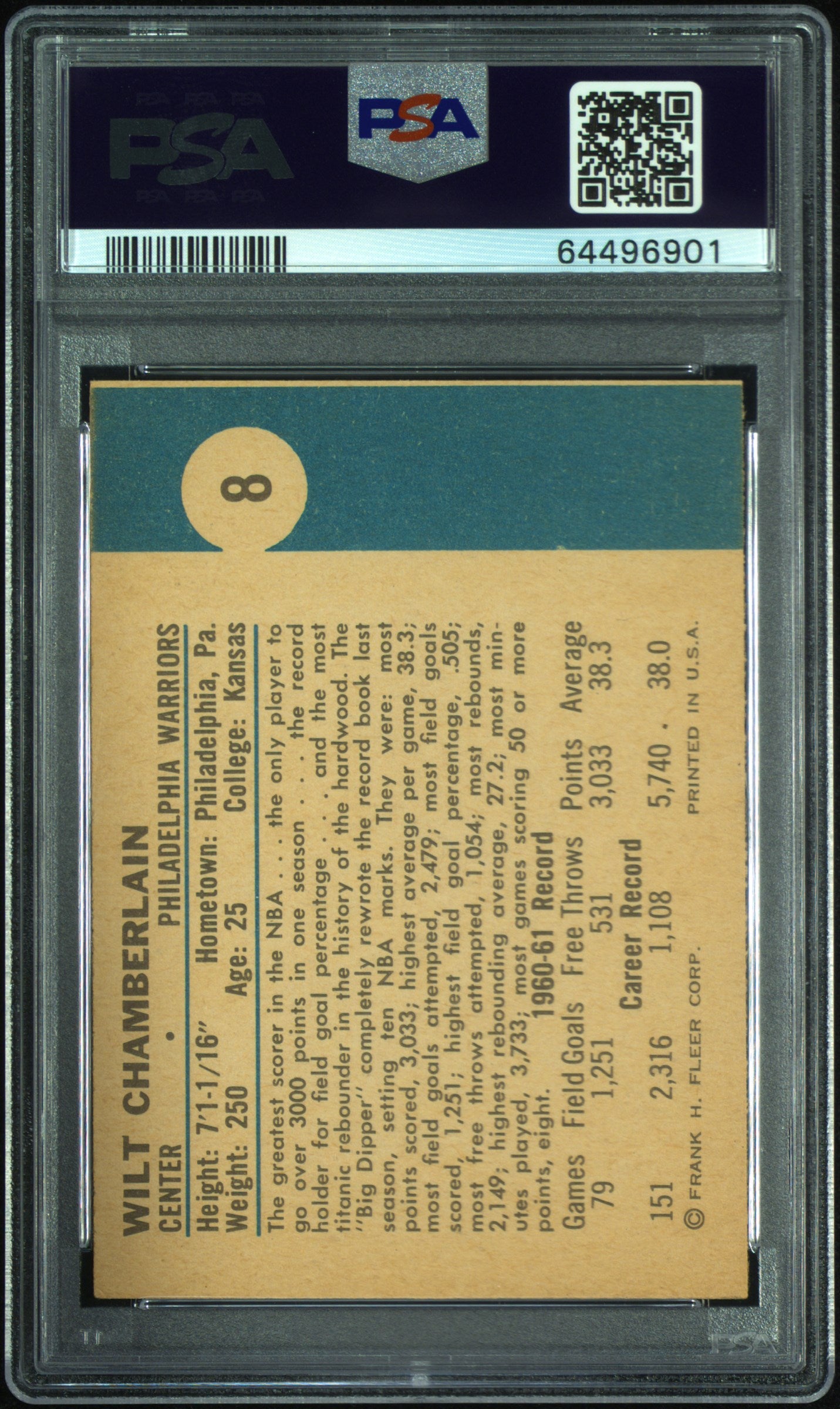 1961 Fleer #8 Wilt Chamberlain RC Rookie PSA 5 EX SHARP New Label