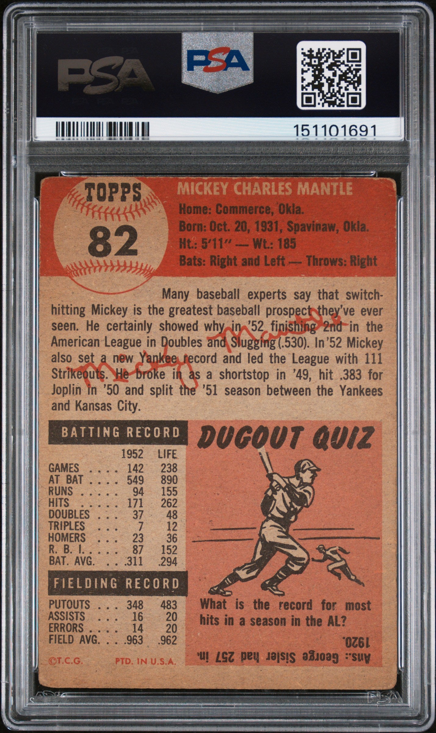 1953 Topps #82 Mickey Mantle PSA 1.5 mc Nice Color New Label
