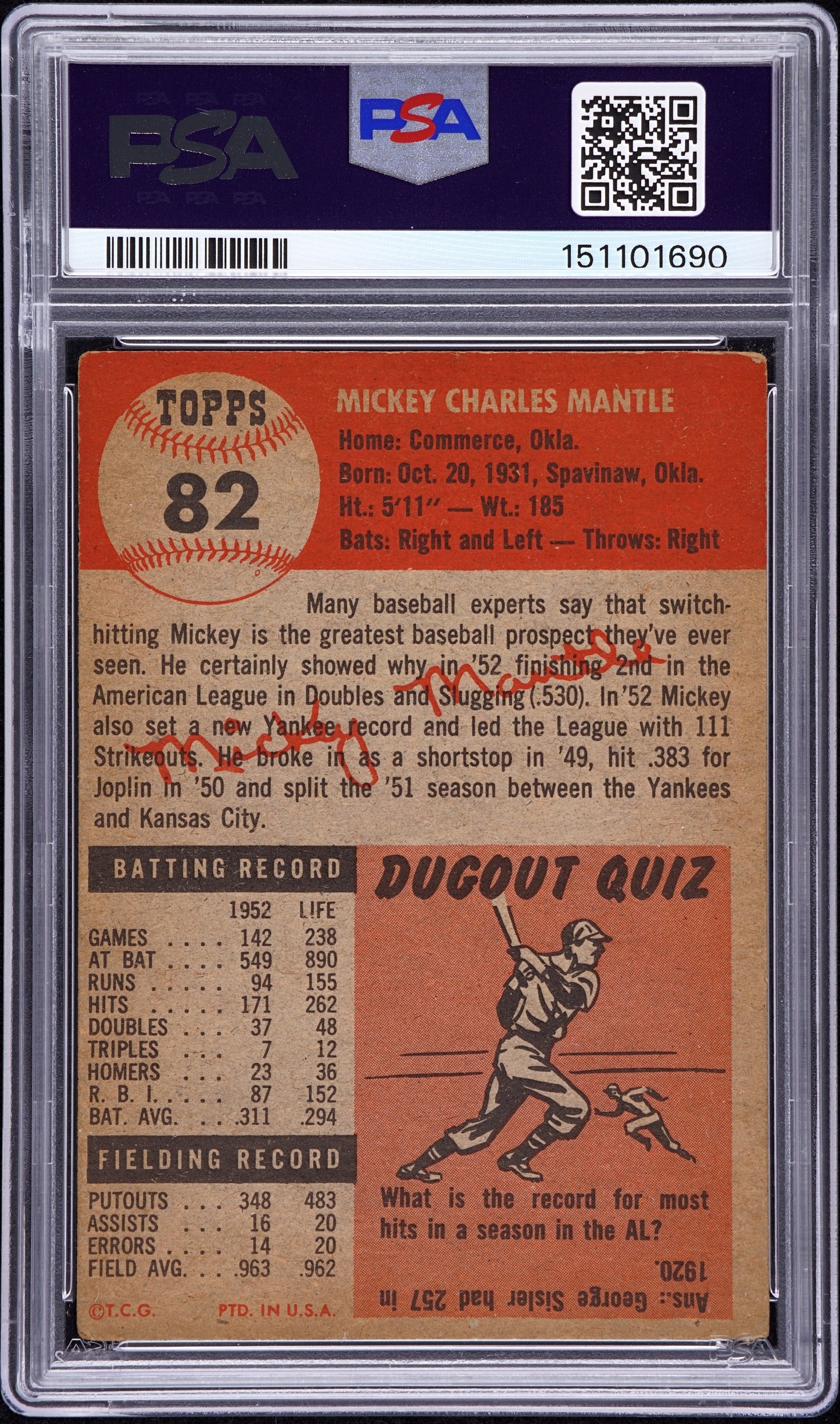 1953 Topps #82 Mickey Mantle PSA 3 VG Nice Color New Label