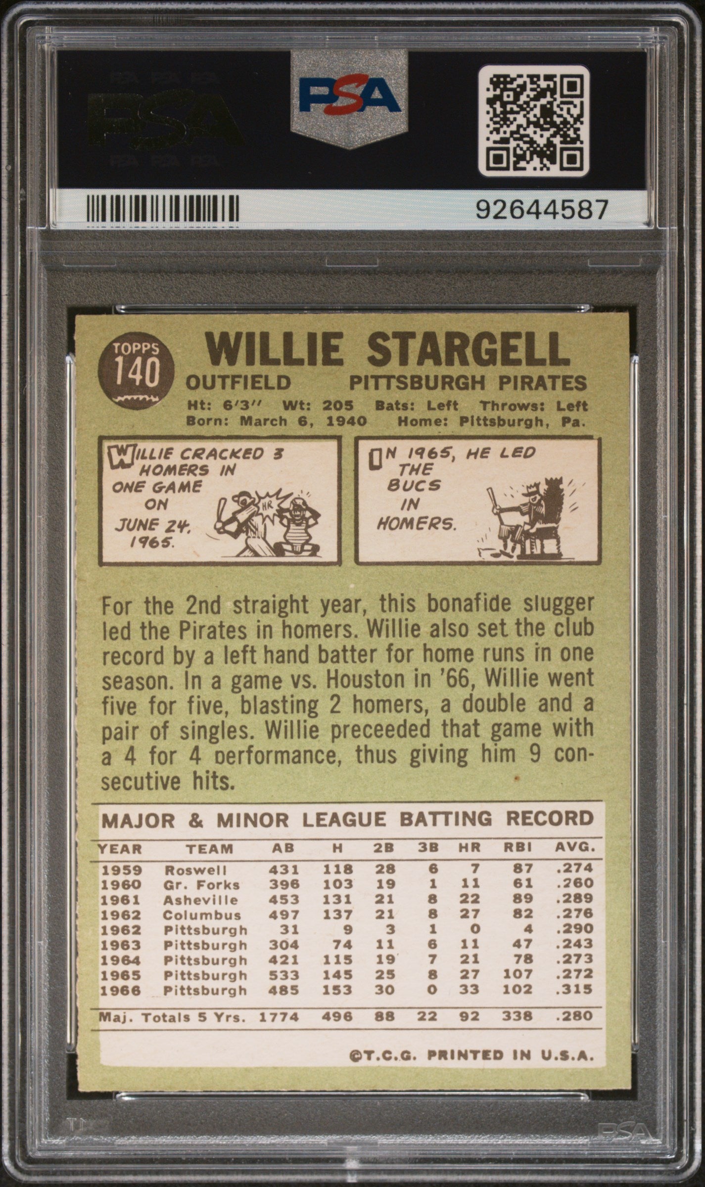 1967 Topps #140 Willie Stargell PSA 8 NM-MT High Grade New Label