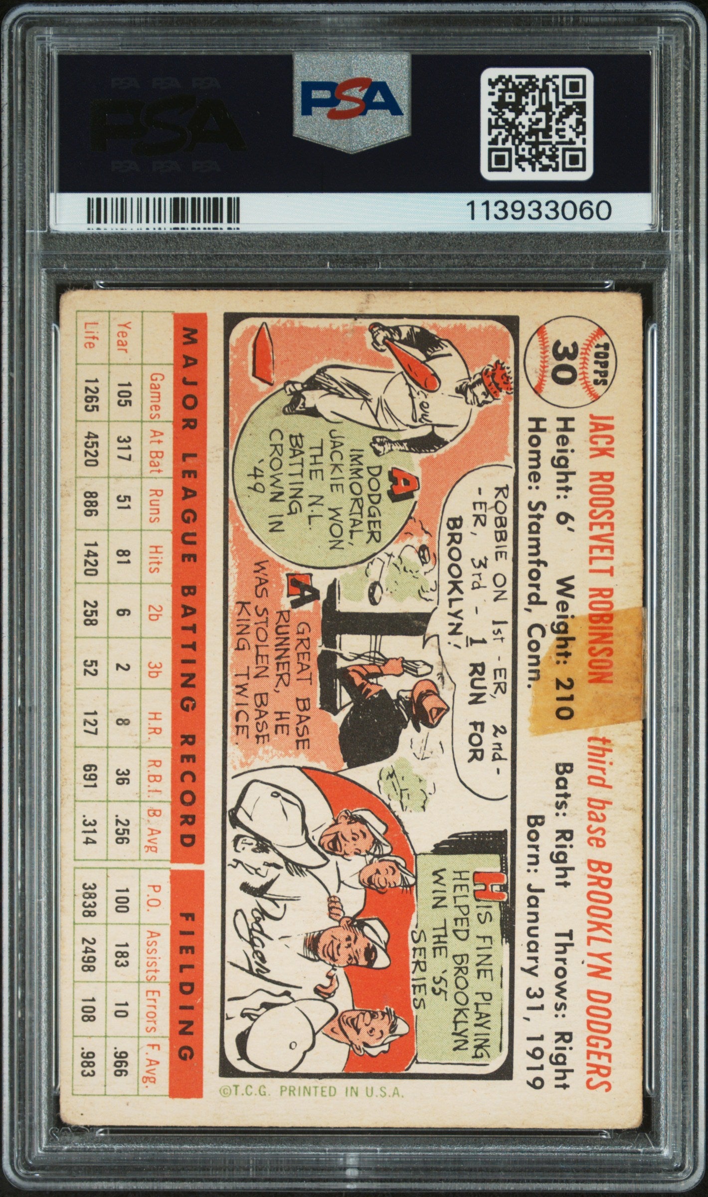1956 Topps #30 Jackie Robinson White Back PSA 1 New Label