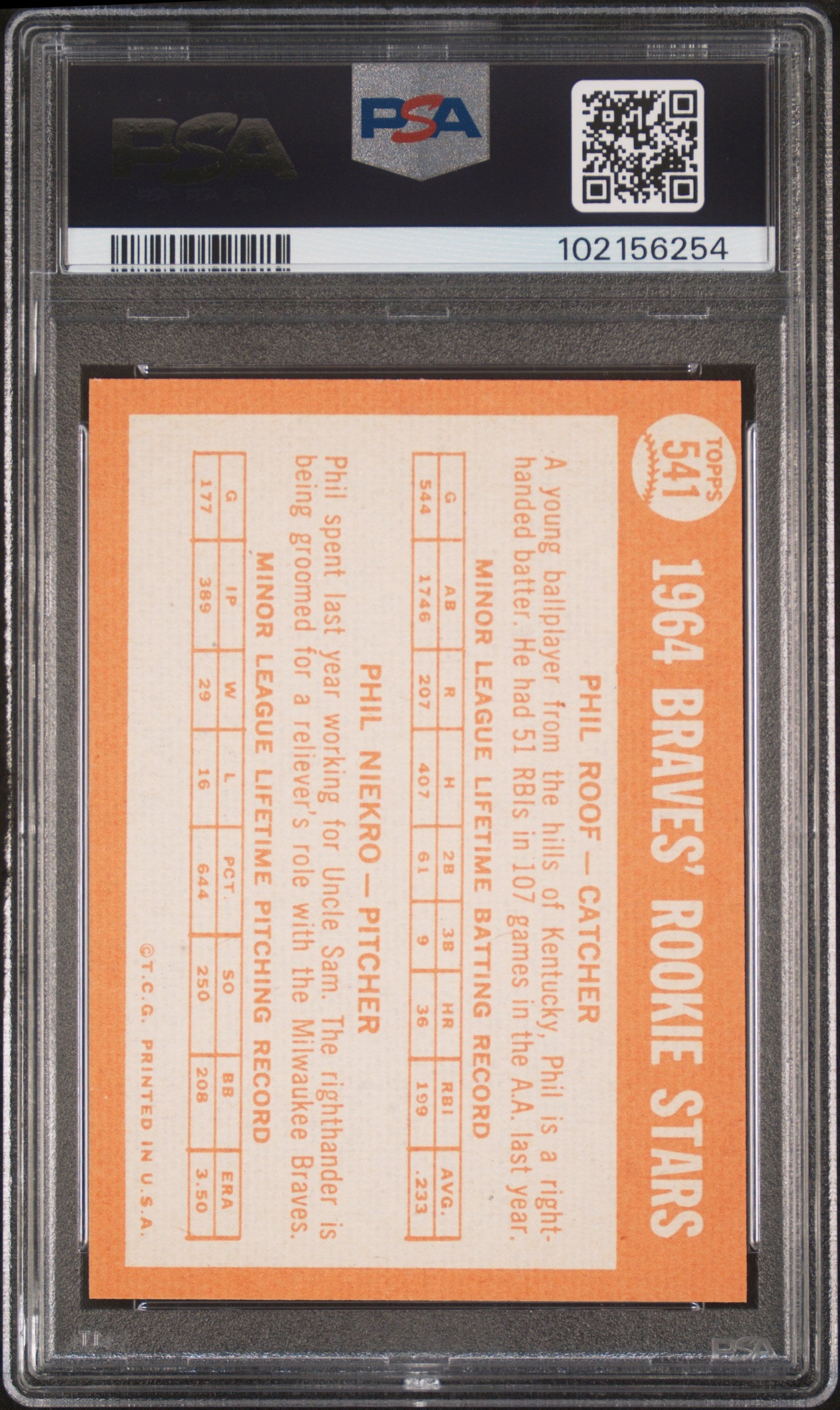 1964 Topps #541 Phil Niekro RC Rookie PSA 8 NM-MT New Label