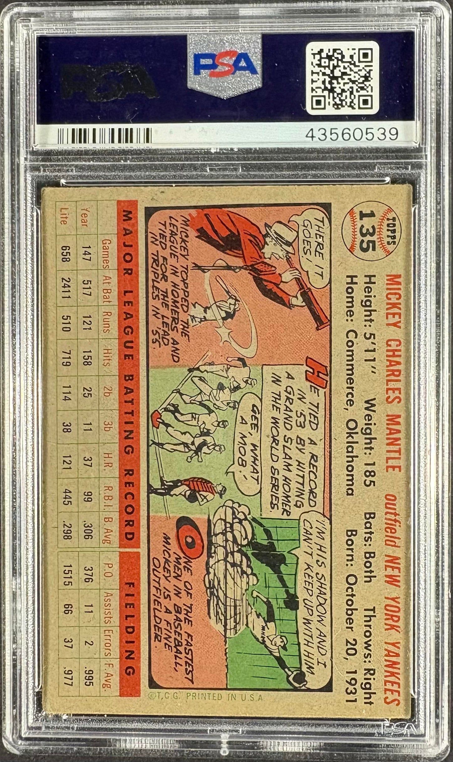1956 Topps #135 Mickey Mantle Gray Back PSA 3.5 VG+ New Label