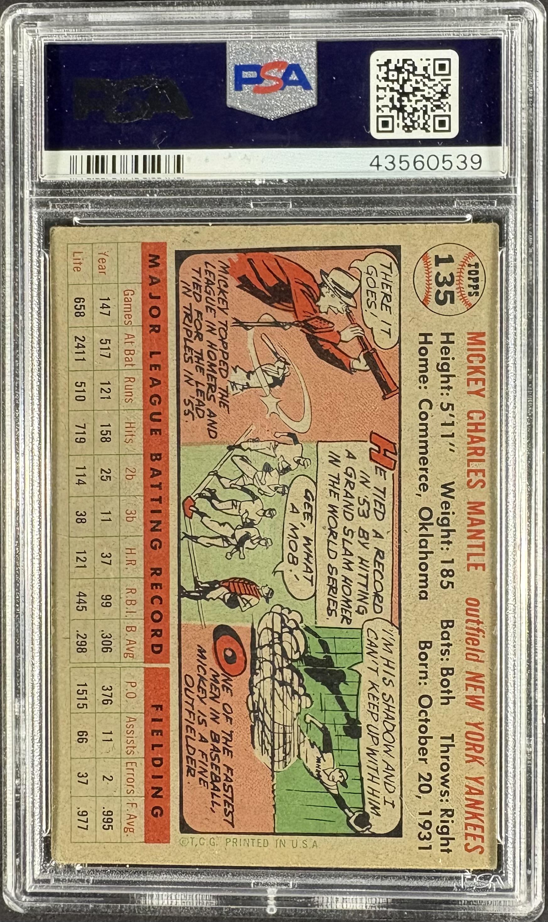 1956 Topps #135 Mickey Mantle Gray Back PSA 3.5 VG+ New Label