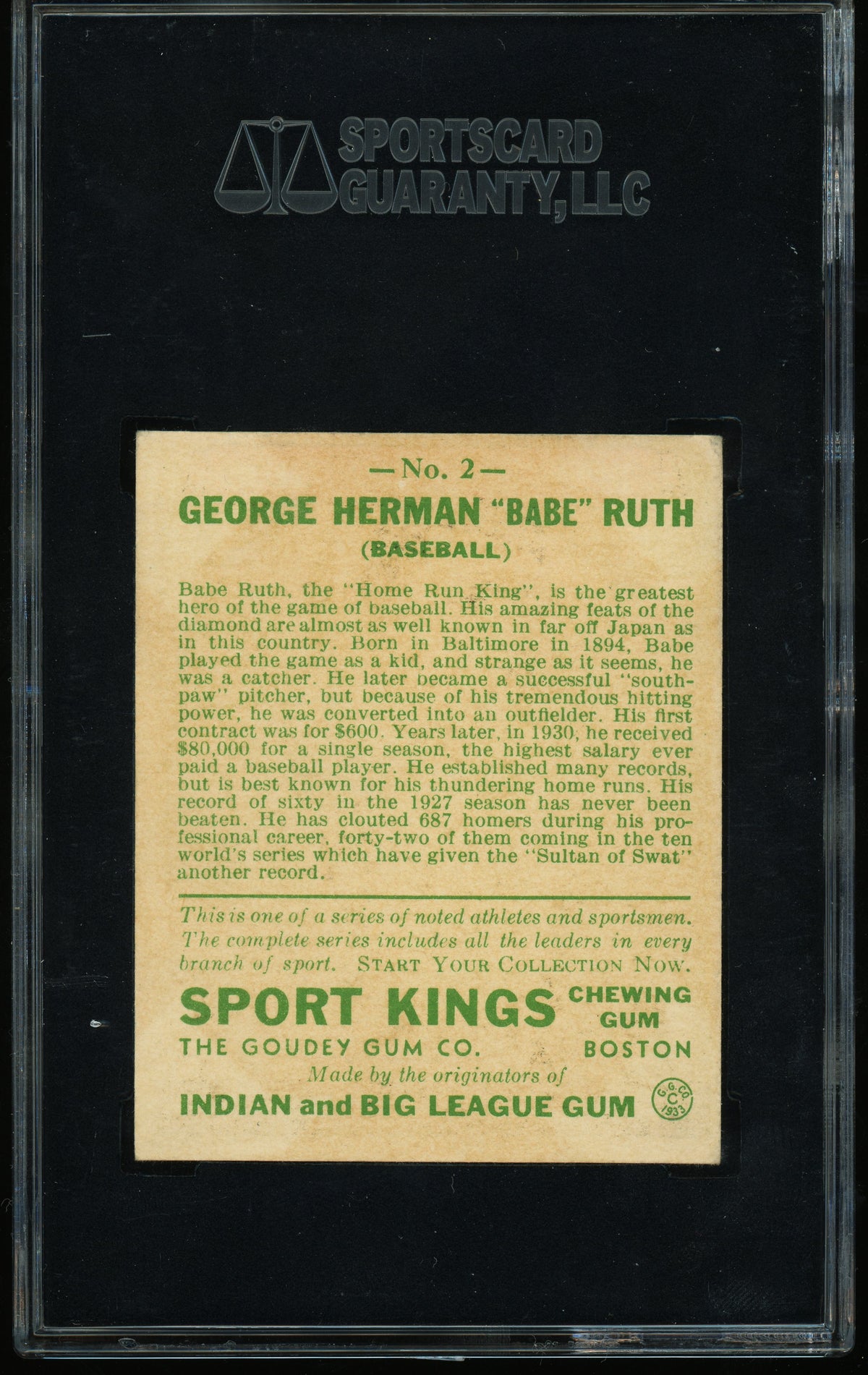 1933 Sport Kings Gum #2 Babe Ruth SGC 5 EX Nice Color