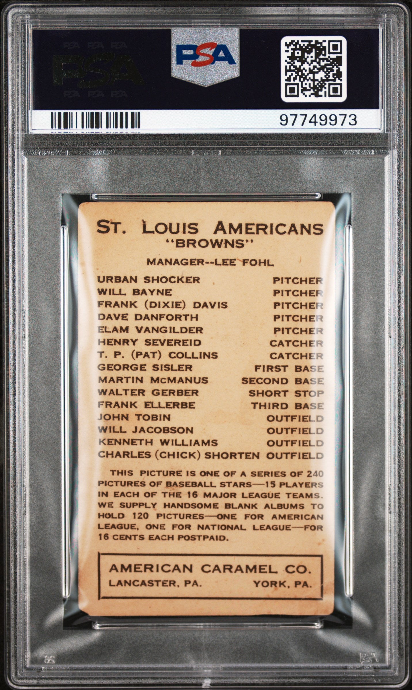 1922 E120 American Caramel George Sisler PSA 1 New Label