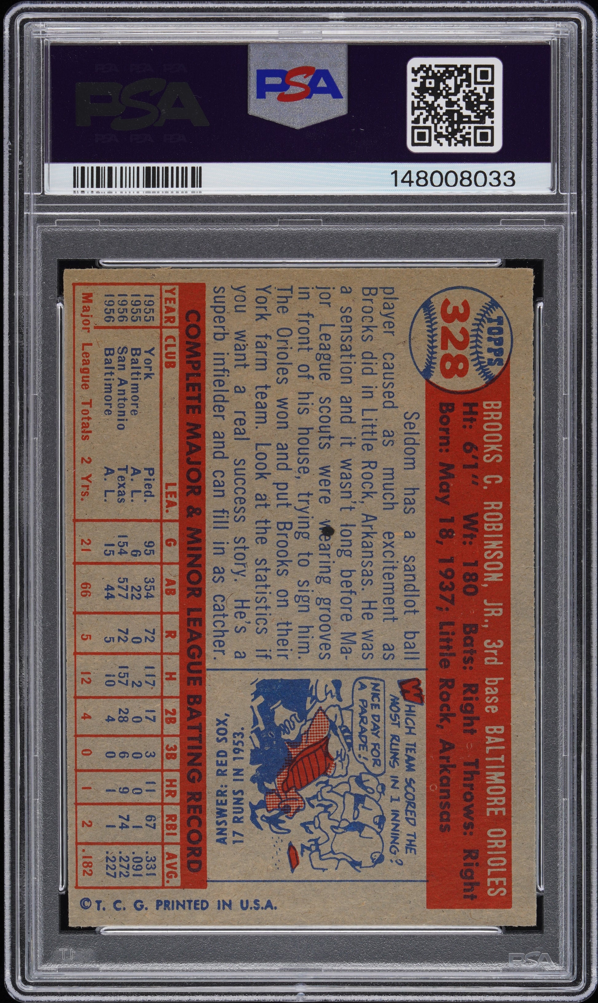 1957 Topps #328 Brooks Robinson RC Rookie PSA 8 NM-MT High Grade New Label