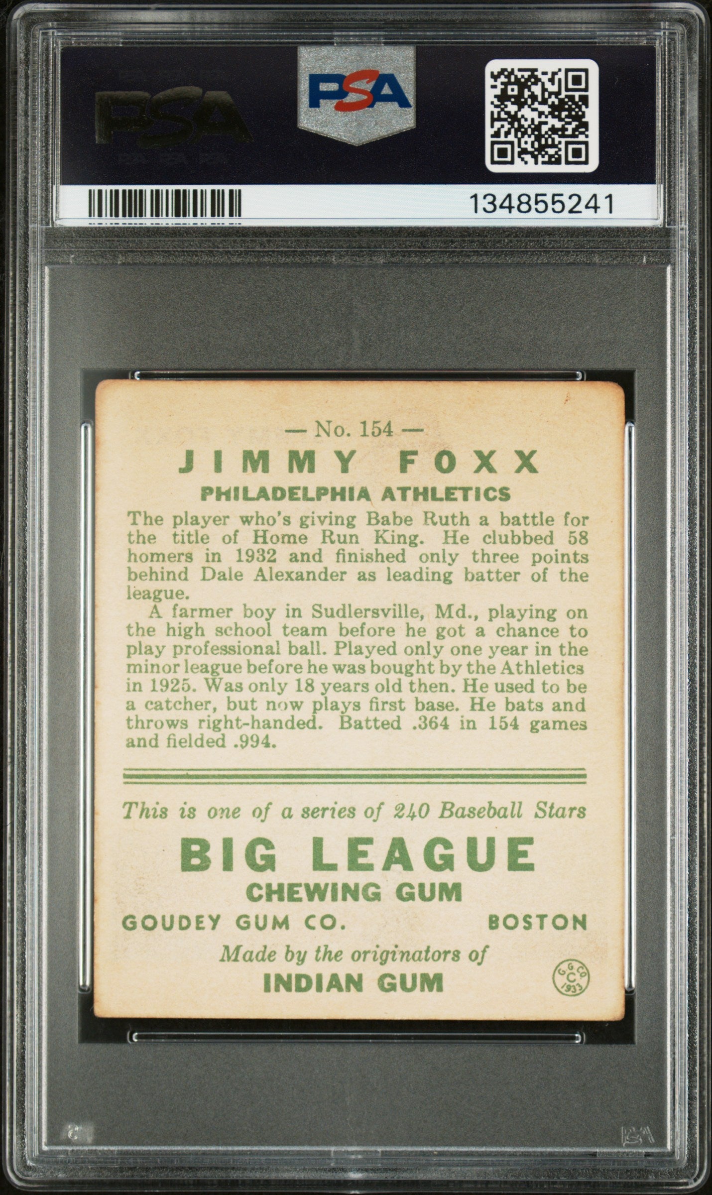 1933 Goudey #154 Jimmy Jimmie Foxx PSA 2.5 GD+ New Label